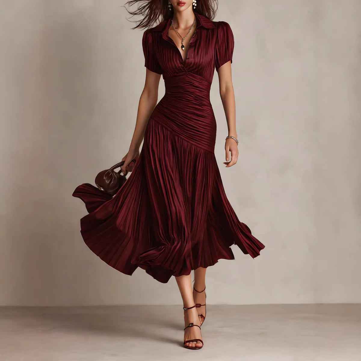 Damen Satin-Optik Plisseekleid | Elegantes Sommer- & Businesskleid Ansicht 4 – Produkt – ESTID