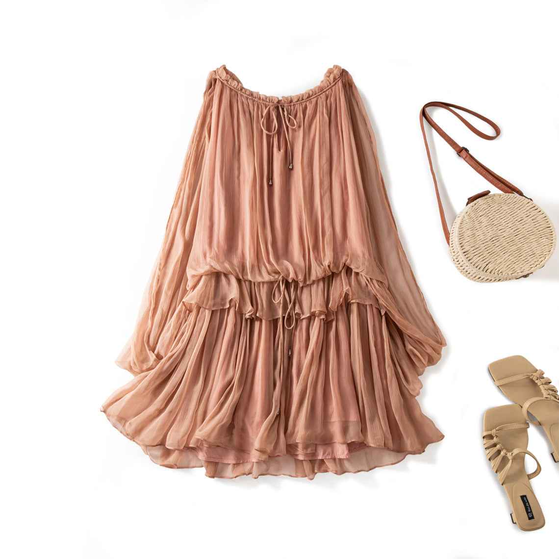 Elegantes Damen Sommerkleid aus Seide | Boho Stufenkleid Nude Ansicht 3 – Kleid – ESTID