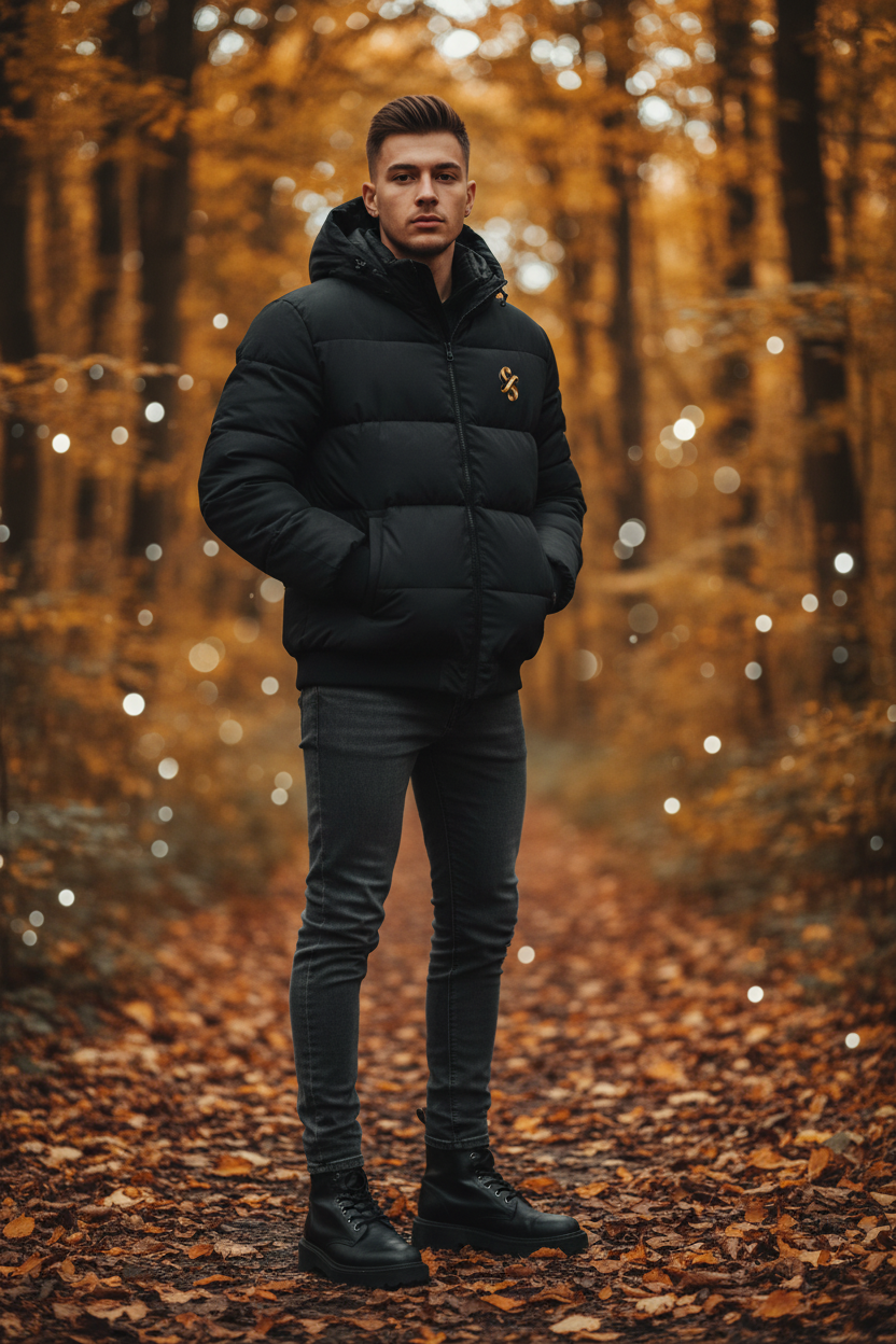 Schwarze Puffer Winterjacke mit edlem Gold-Logo – Pufferjacke – ESTID