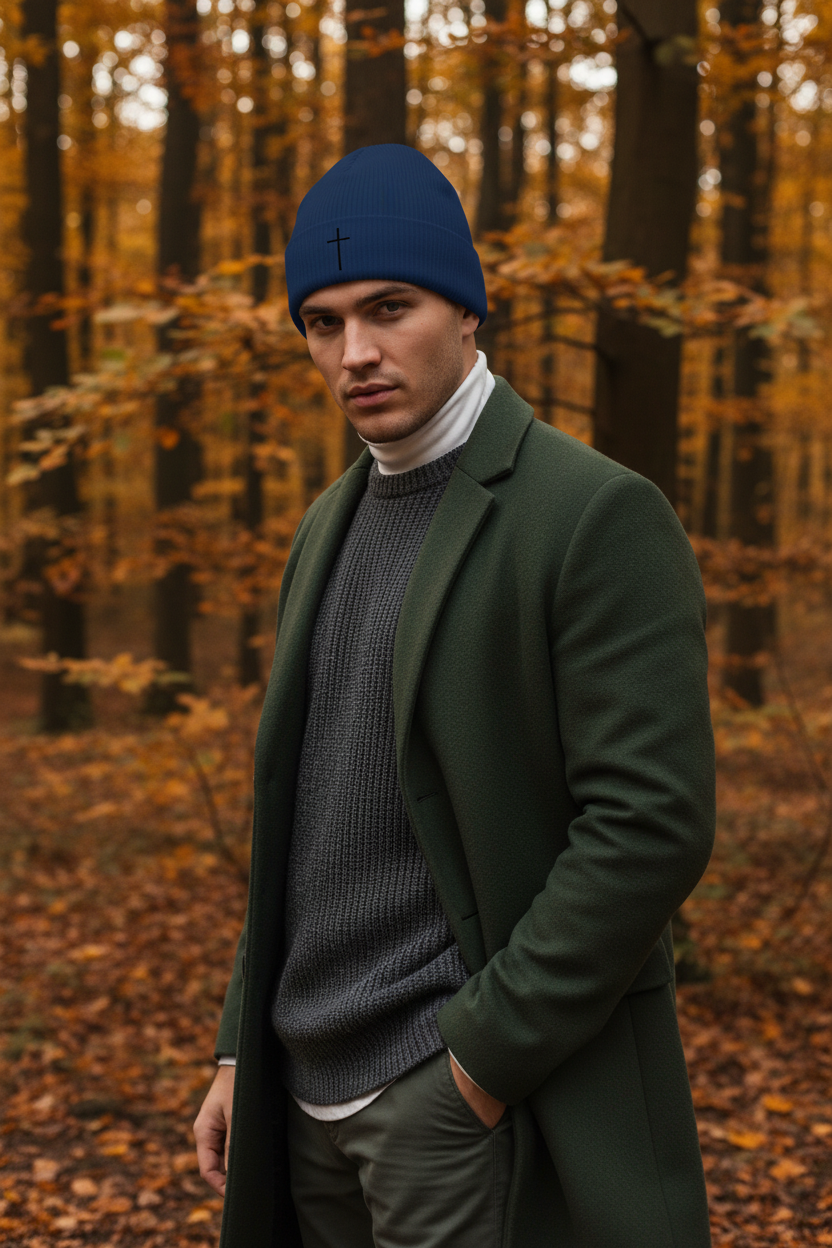 Herren Strickmütze mit Kreuz-Motiv | Feinstrick Beanie Ansicht 3 – Accessories – ESTID