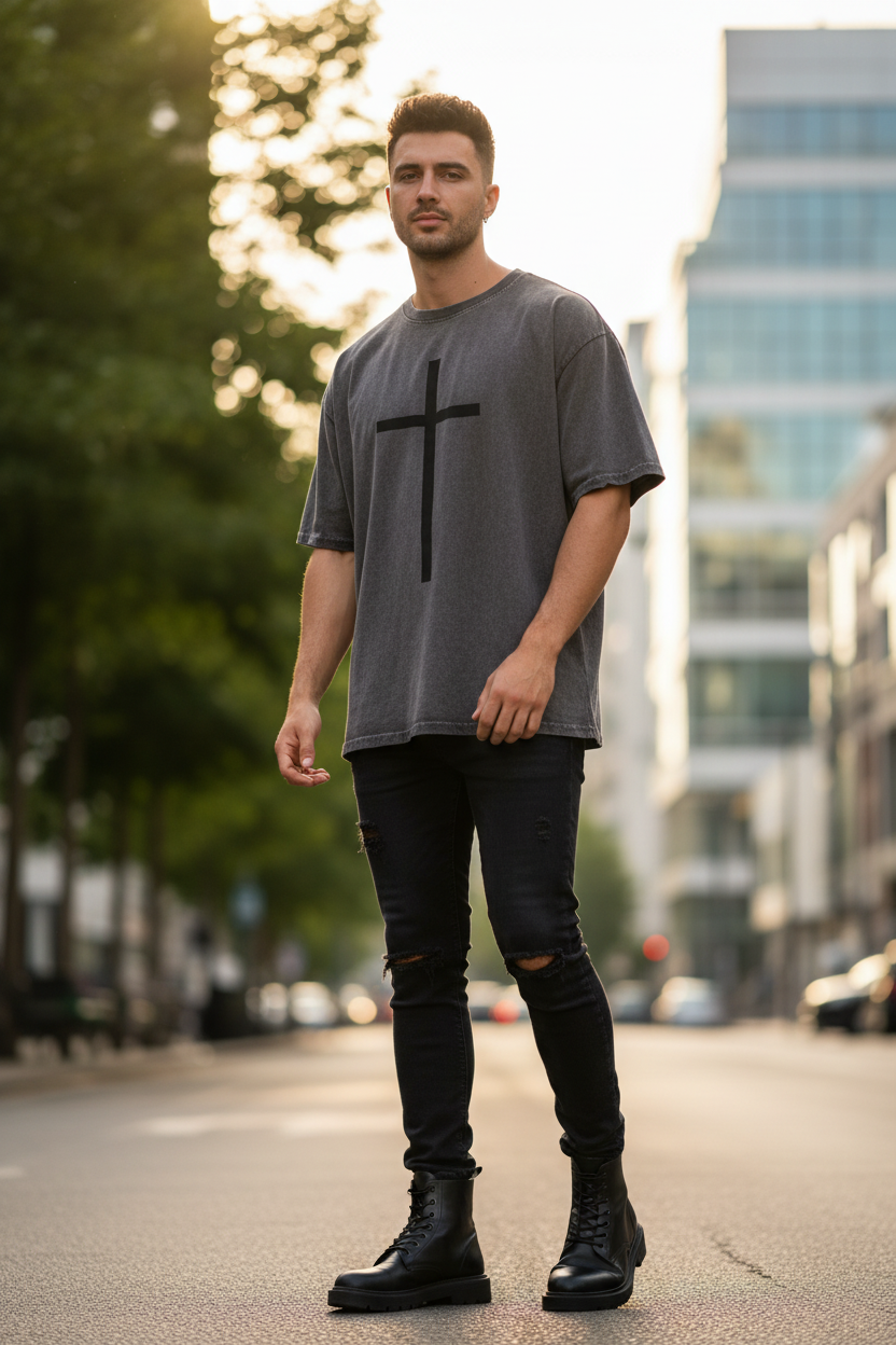 Lässiges Unisex Oversized T-Shirt im Mineral-Wash Look kreuz