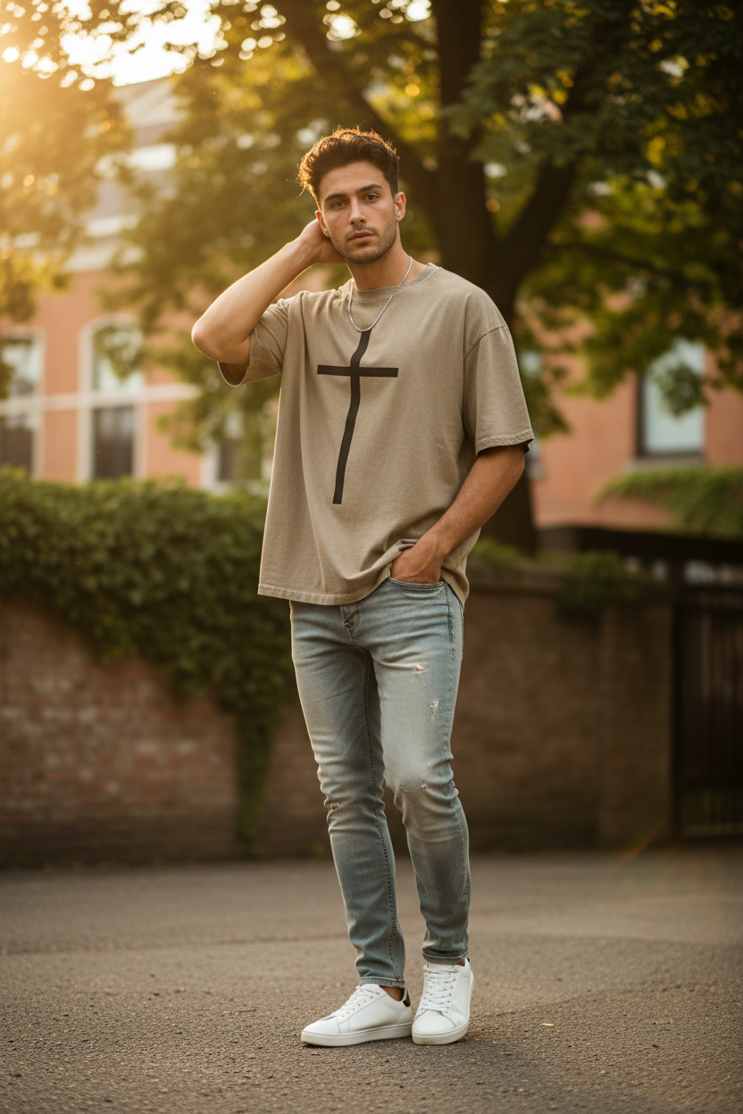 Lässiges Unisex Oversized T-Shirt im Mineral-Wash Look kreuz