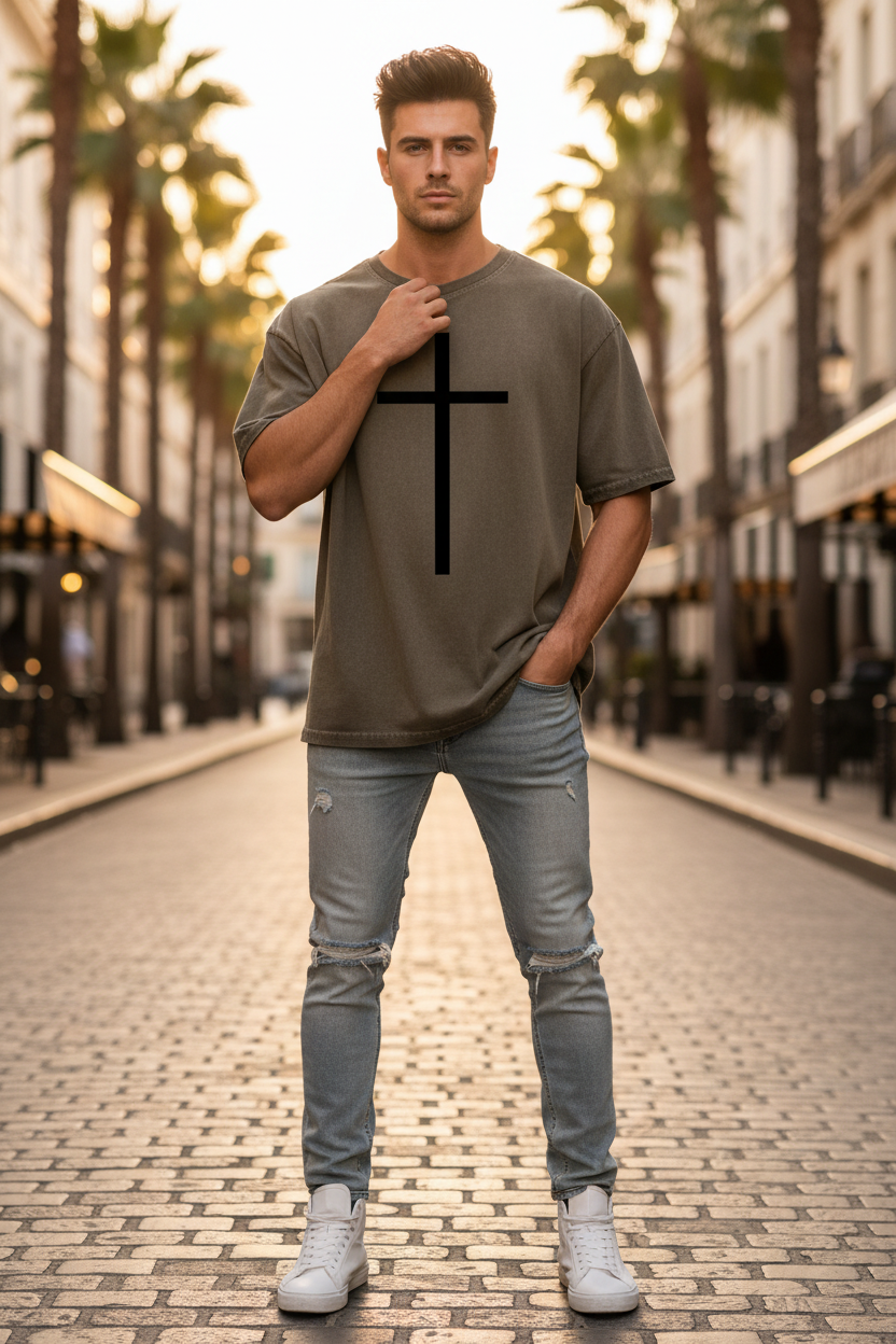 Lässiges Unisex Oversized T-Shirt im Mineral-Wash Look kreuz