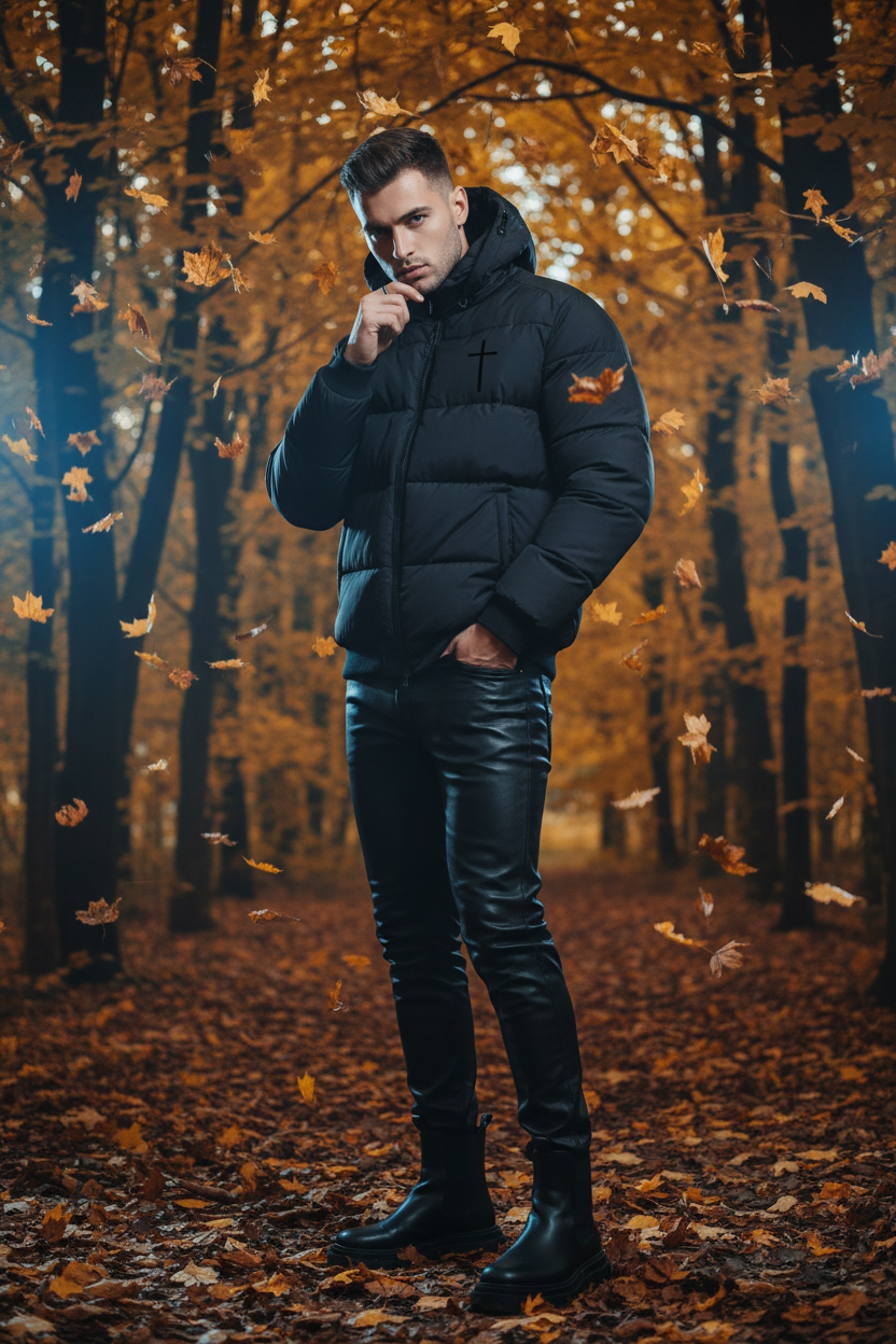 Schwarze Puffer Jacket | Unisex Winterjacke mit Kreuz