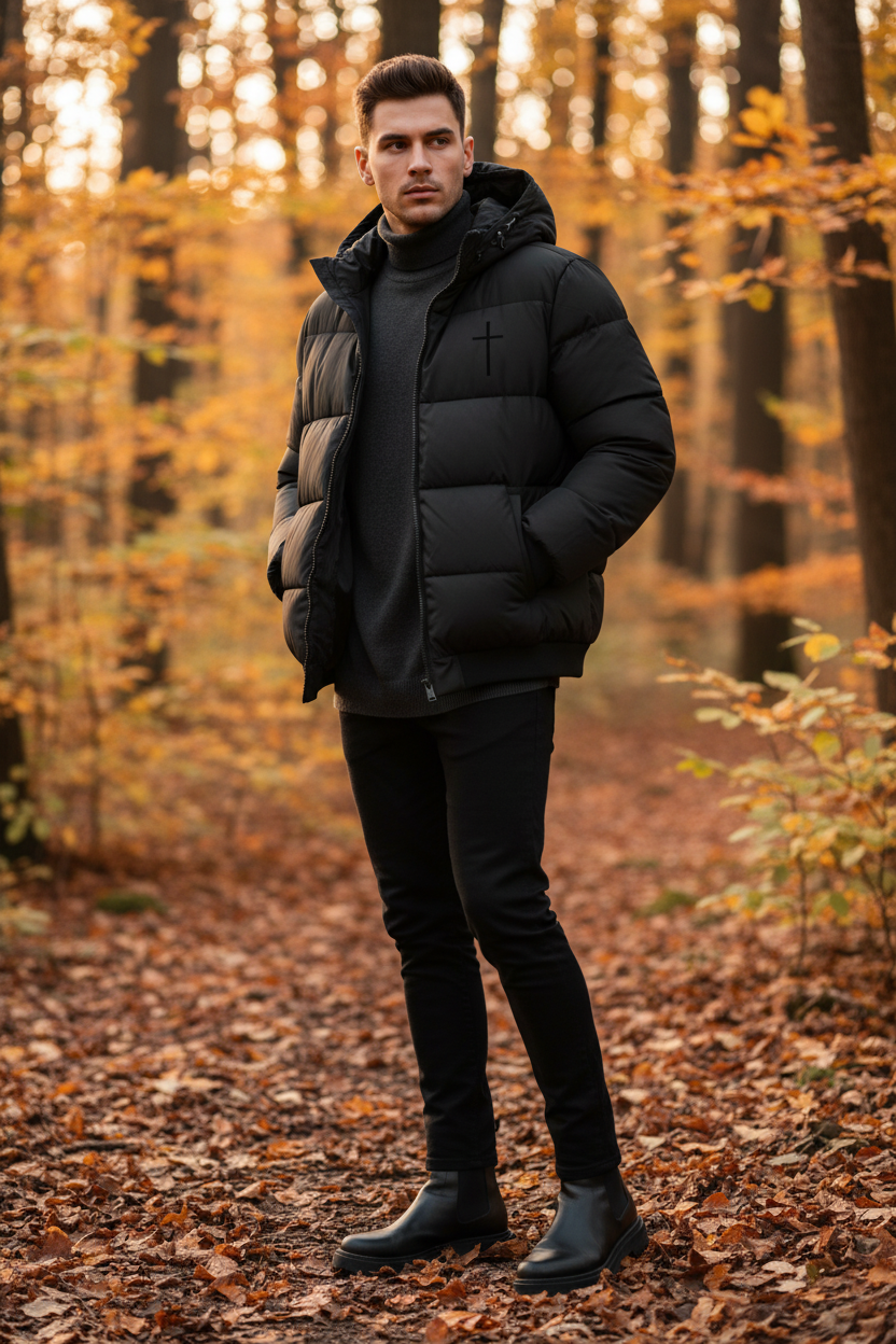 Schwarze Puffer Jacket | Unisex Winterjacke mit Kreuz