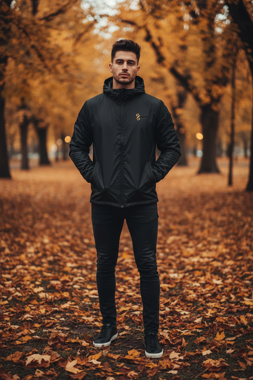 Schwarzer Herren-Windbreaker mit goldenem Logo ESTID – Windbreaker ESTID – ESTID