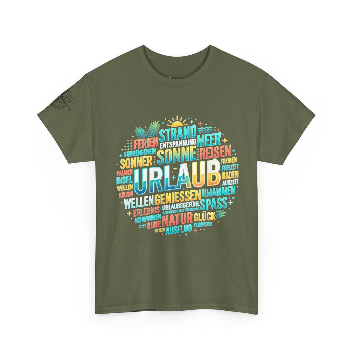 Strandurlaub T-Shirt – Retro Sonnenuntergang mit Palmen & ‚Urlaub‘ Wortwolke Ansicht 7 – T-Shirt – ESTID