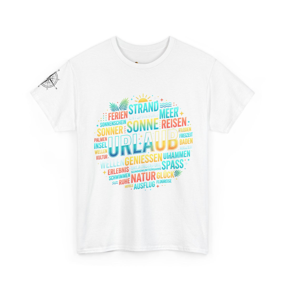 Strandurlaub T-Shirt – Retro Sonnenuntergang mit Palmen & ‚Urlaub‘ Wortwolke Detailansicht – T-Shirt – ESTID