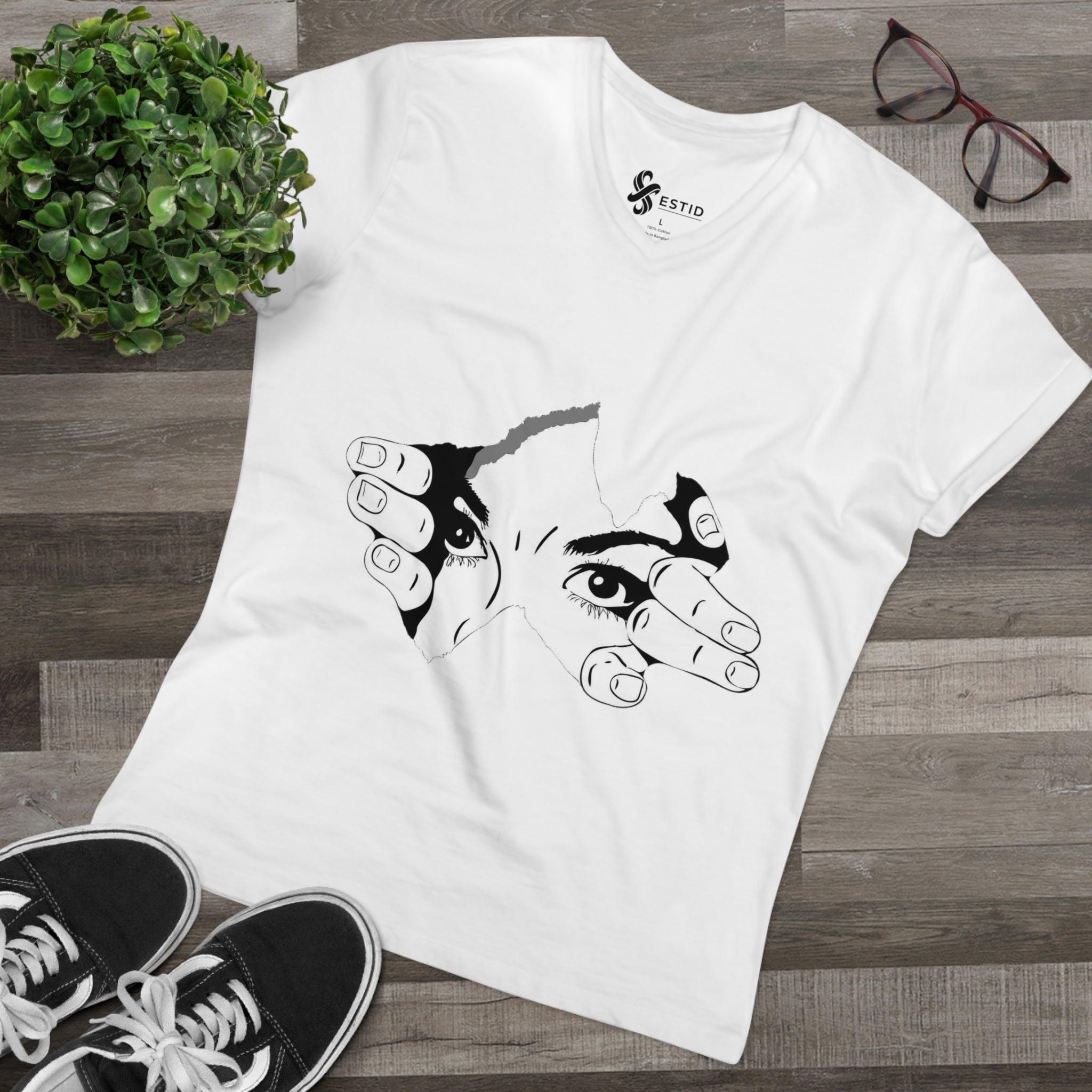 ESTID Herren V-Neck Shirt | Peeking Eyes Graphic Print Ansicht 4 – V-neck – ESTID
