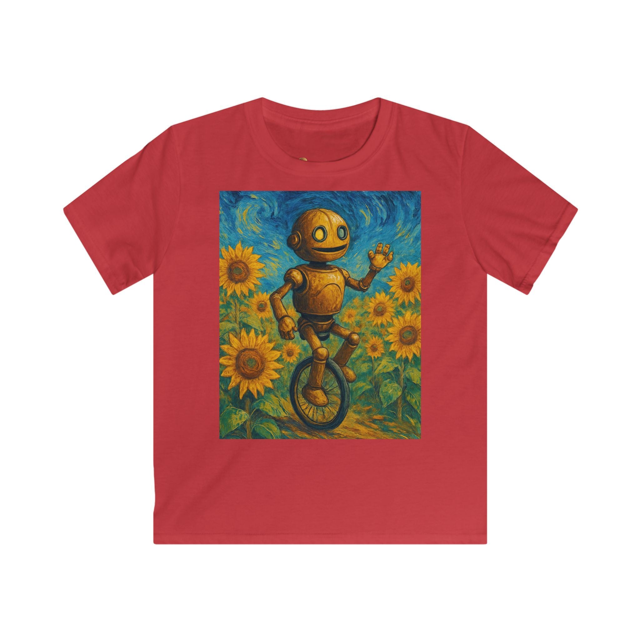 Kinder-T-Shirt – Sonnige Sonnenblumen-Roboter auf Einrad