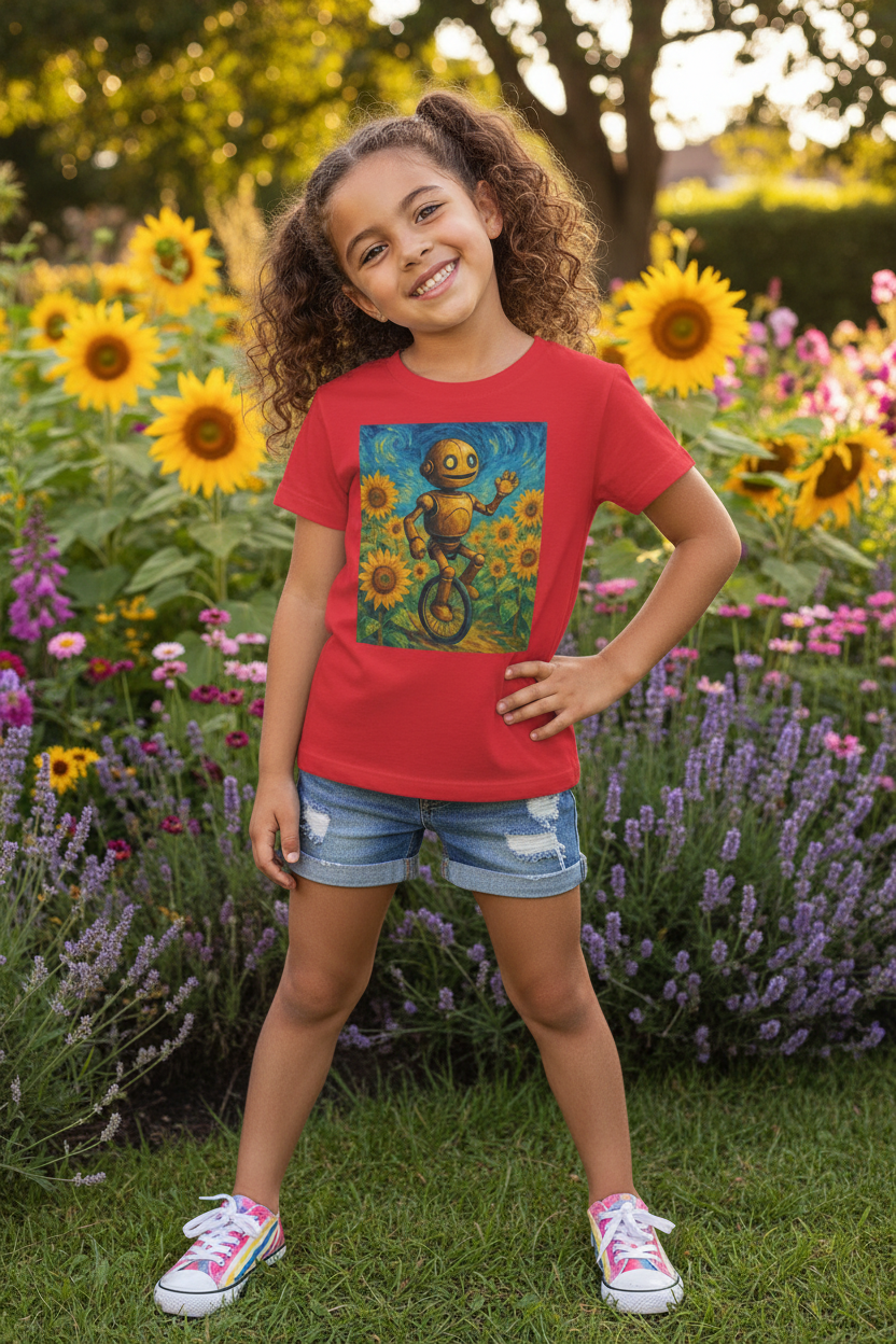 Kinder-T-Shirt – Sonnige Sonnenblumen-Roboter auf Einrad