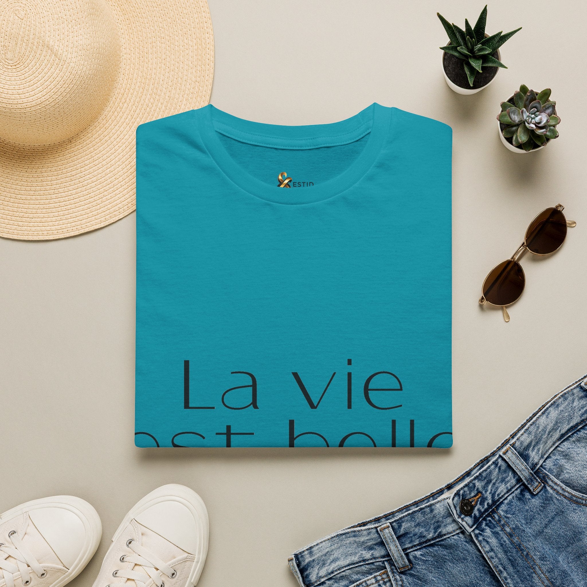 ESTID Damen T-Shirt | „La vie est belle“ Typo-Print | Ringgesponnen Ansicht 10 – T-Shirt – ESTID