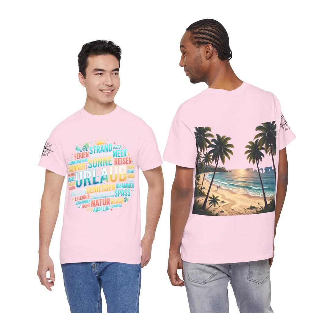 Strandurlaub T-Shirt – Retro Sonnenuntergang mit Palmen & ‚Urlaub‘ Wortwolke