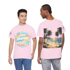 Strandurlaub T-Shirt – Retro Sonnenuntergang mit Palmen & ‚Urlaub‘ Wortwolke