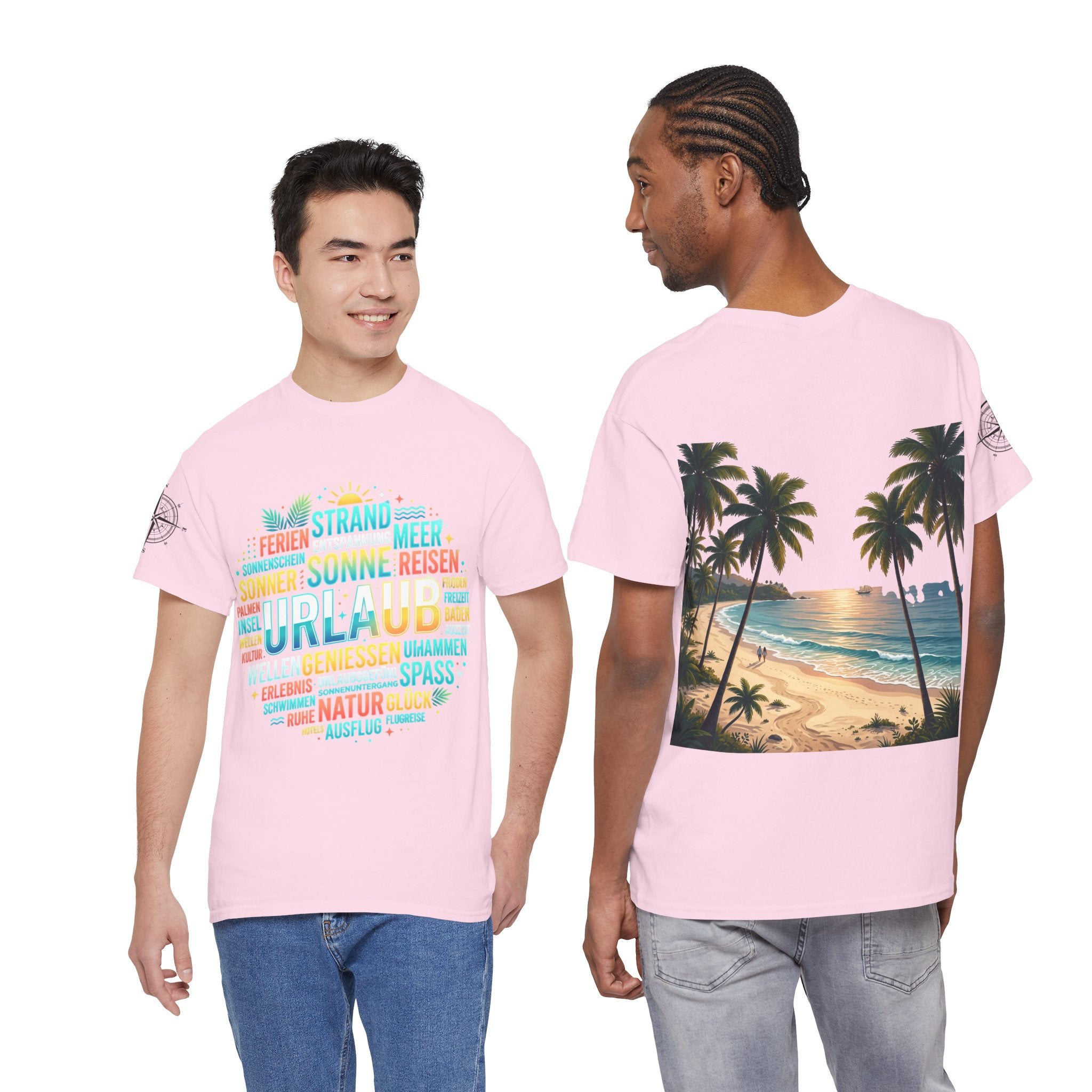 Strandurlaub T-Shirt – Retro Sonnenuntergang mit Palmen & ‚Urlaub‘ Wortwolke