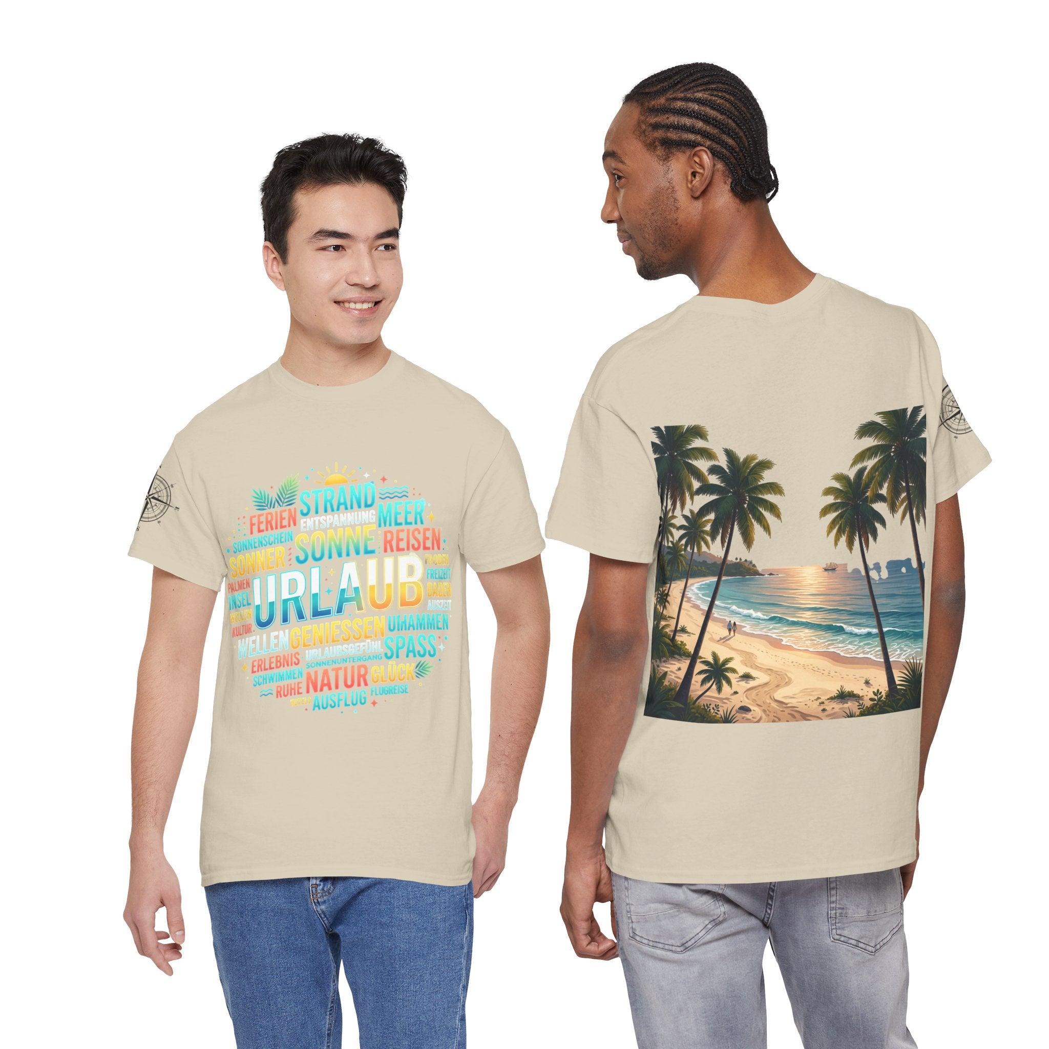 Strandurlaub T-Shirt – Retro Sonnenuntergang mit Palmen & ‚Urlaub‘ Wortwolke