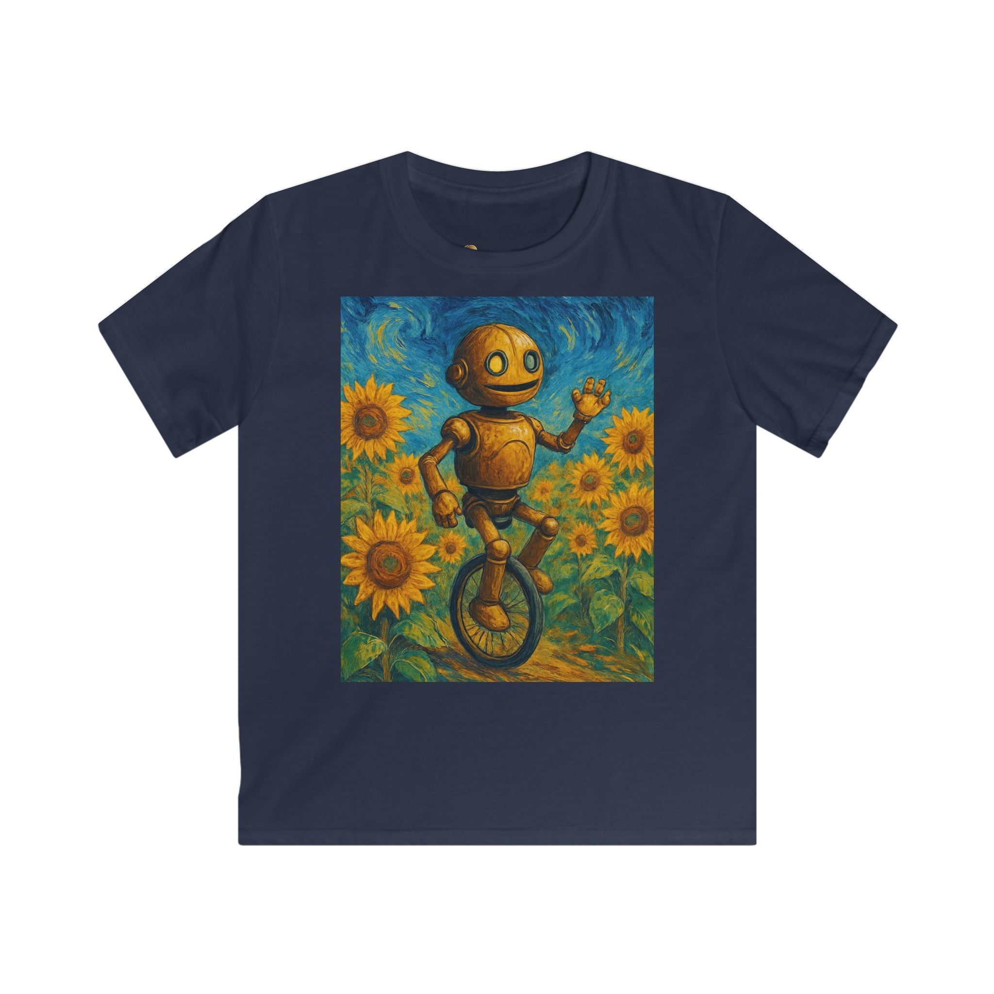 Kinder-T-Shirt – Sonnige Sonnenblumen-Roboter auf Einrad