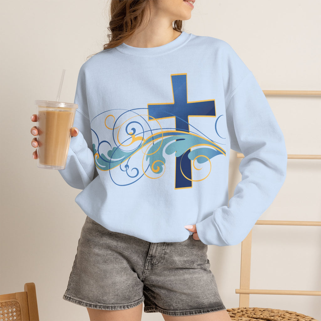 ESTID Unisex Crewneck Pullover | Blaues Kreuz & Wellen-Ornament Ansicht 33 – Sweatshirt – ESTID