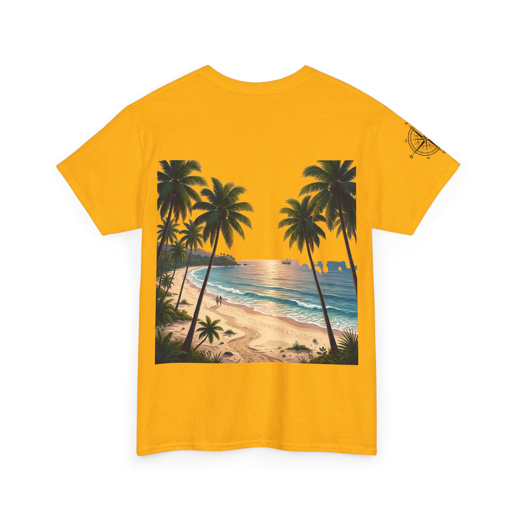Strandurlaub T-Shirt – Retro Sonnenuntergang mit Palmen & ‚Urlaub‘ Wortwolke