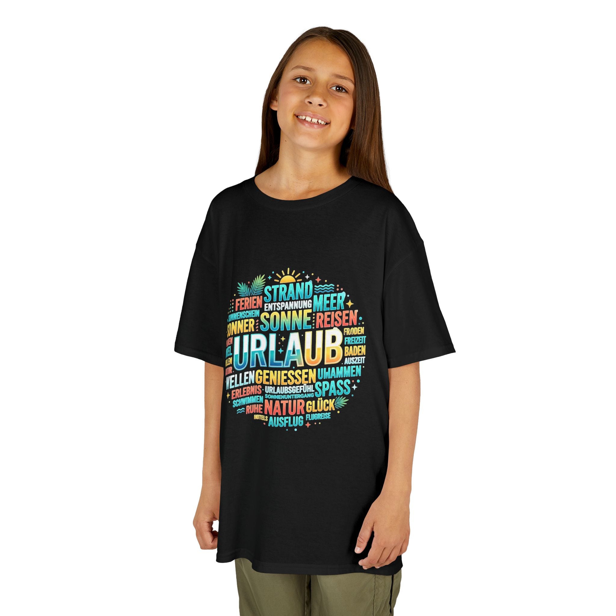 Kinder-T-Shirt "Urlaub" Wortwolke – Buntes Reise-Shirt für Kinder