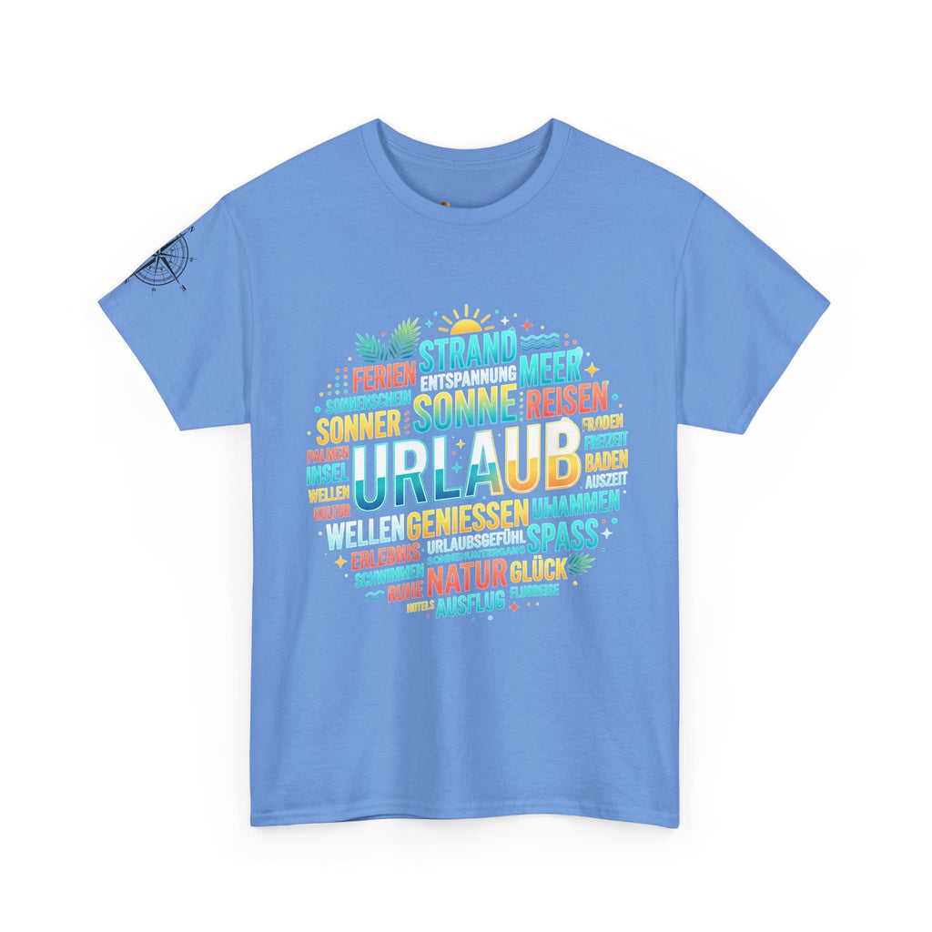 Strandurlaub T-Shirt – Retro Sonnenuntergang mit Palmen & ‚Urlaub‘ Wortwolke
