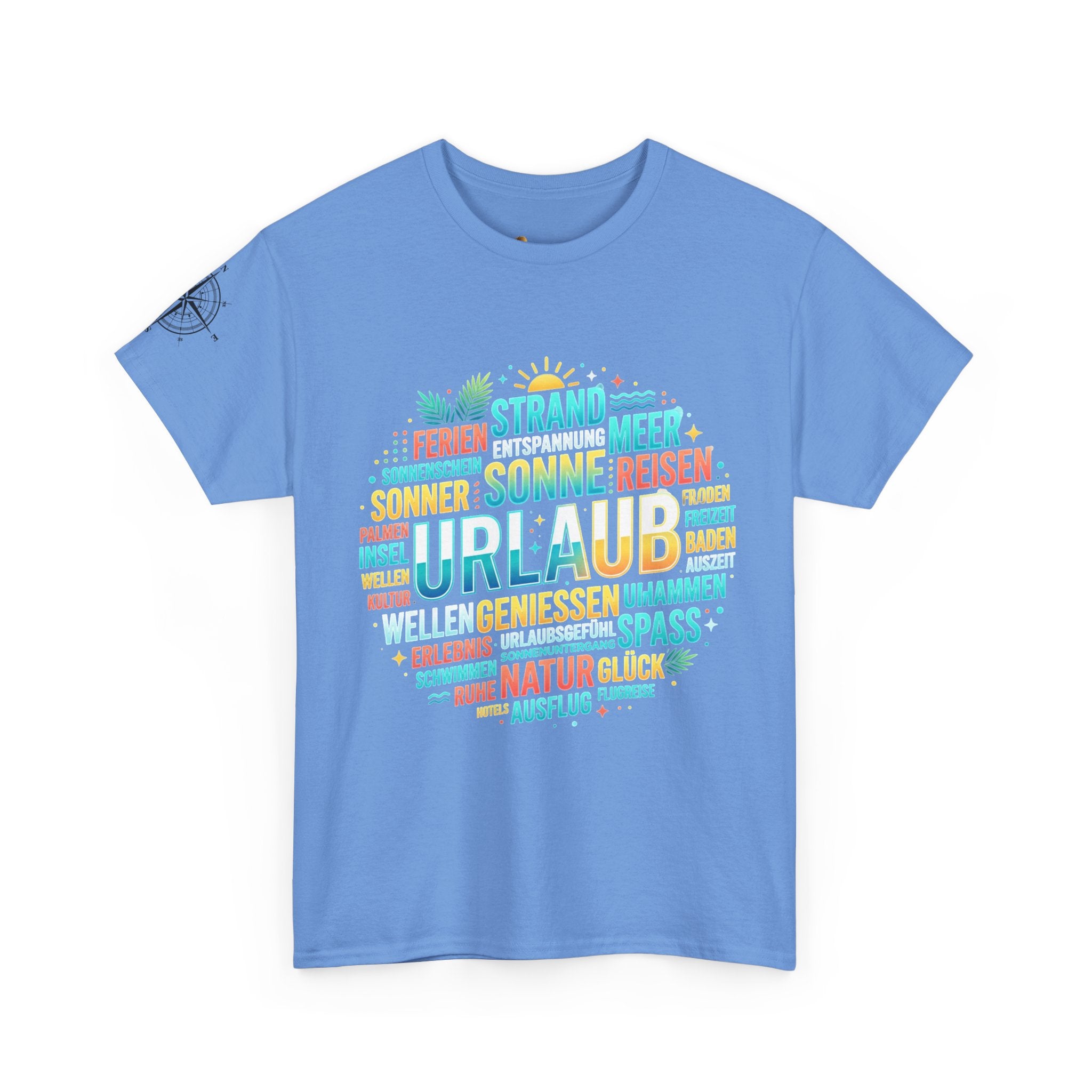Strandurlaub T-Shirt – Retro Sonnenuntergang mit Palmen & ‚Urlaub‘ Wortwolke