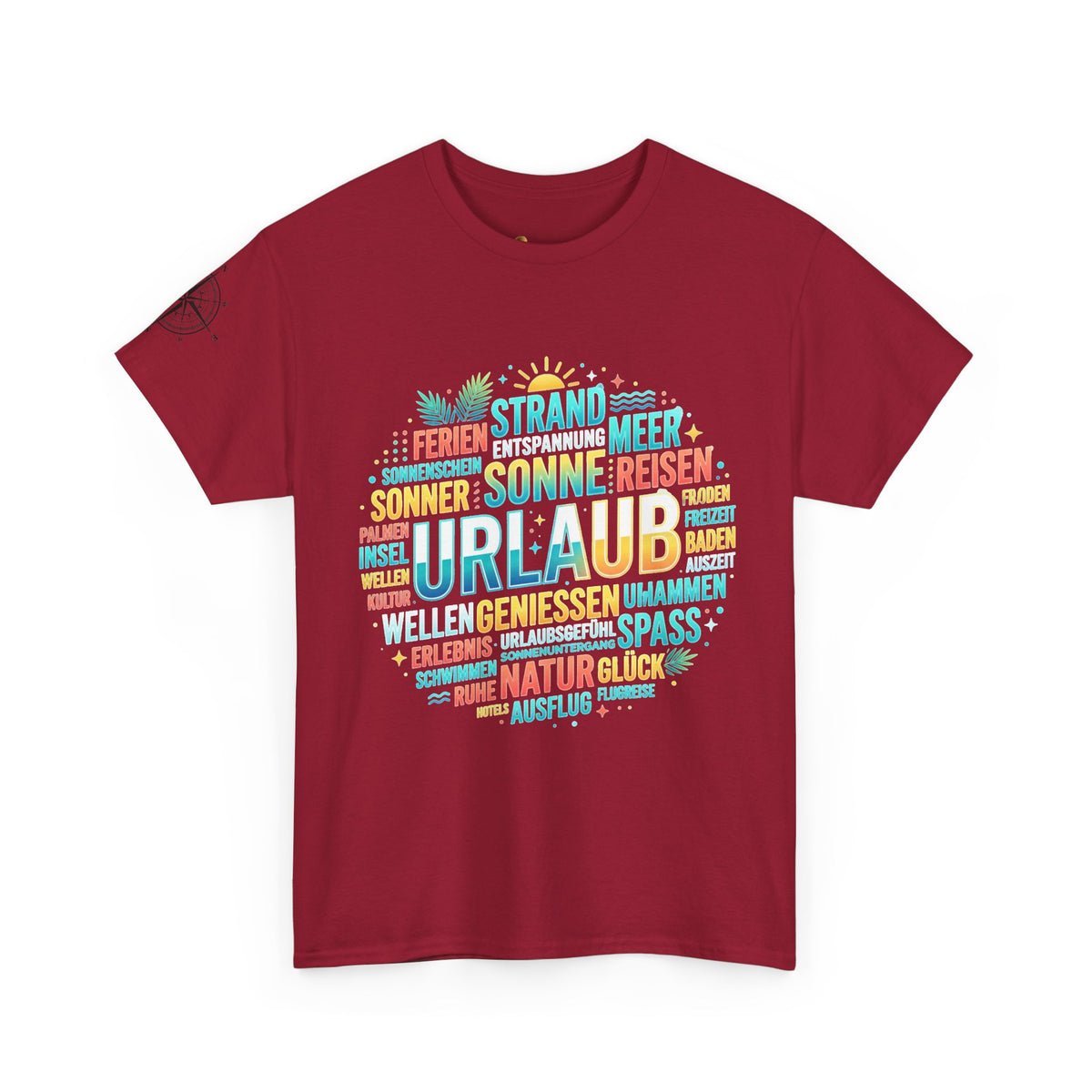 Strandurlaub T-Shirt – Retro Sonnenuntergang mit Palmen & ‚Urlaub‘ Wortwolke Ansicht 14 – T-Shirt – ESTID