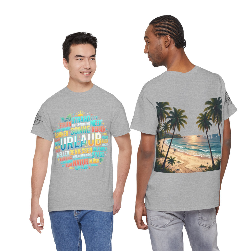Strandurlaub T-Shirt – Retro Sonnenuntergang mit Palmen & ‚Urlaub‘ Wortwolke