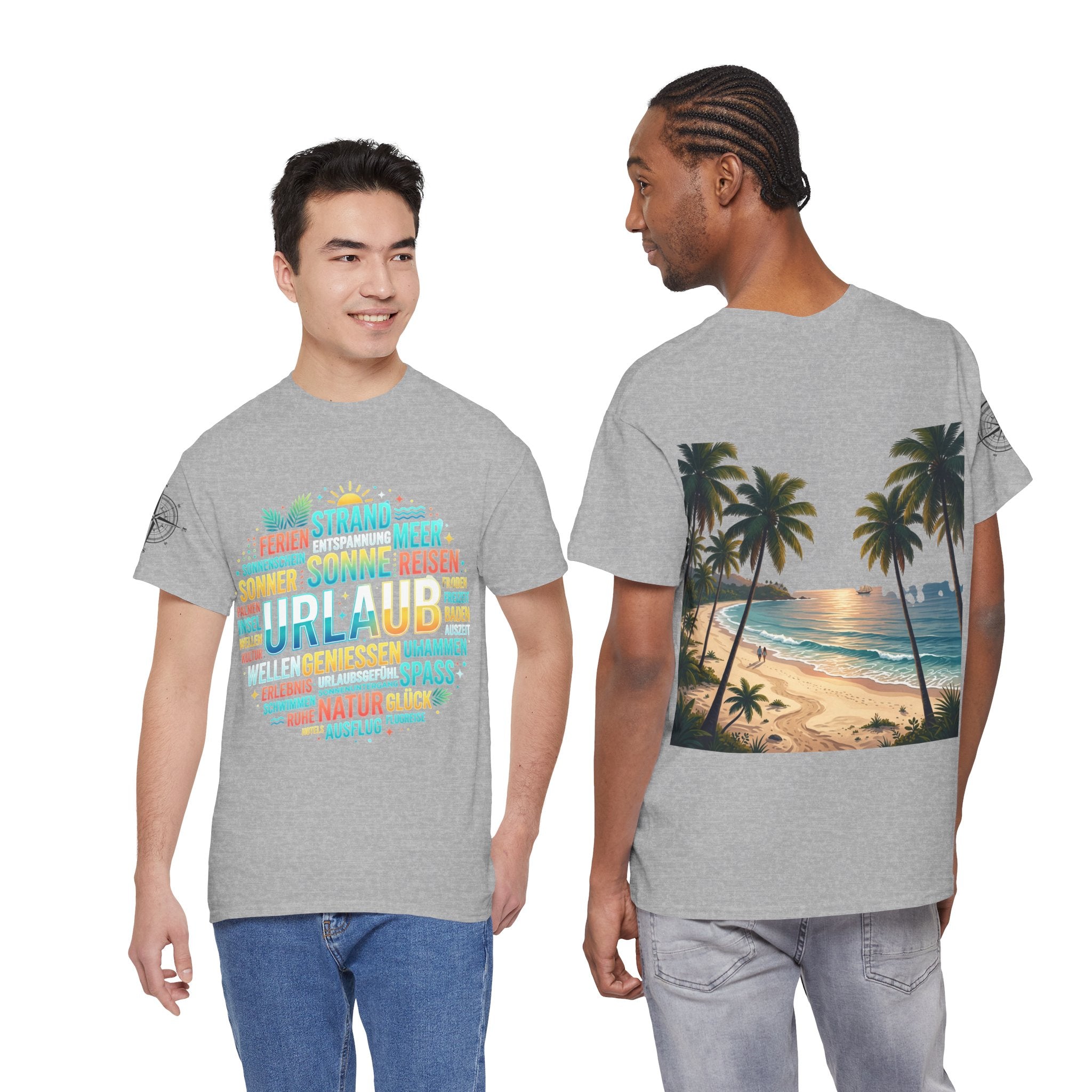Strandurlaub T-Shirt – Retro Sonnenuntergang mit Palmen & ‚Urlaub‘ Wortwolke