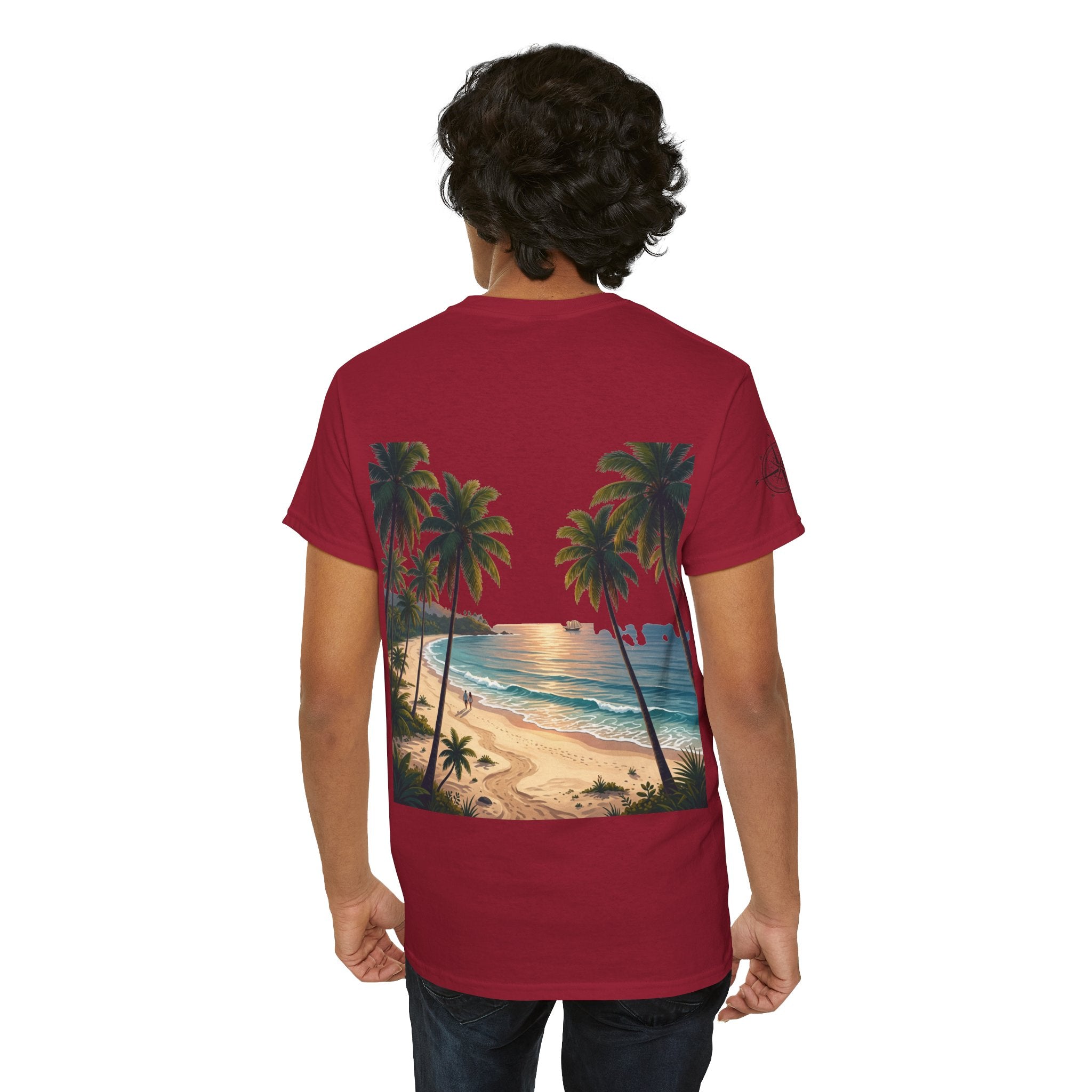 Strandurlaub T-Shirt – Retro Sonnenuntergang mit Palmen & ‚Urlaub‘ Wortwolke