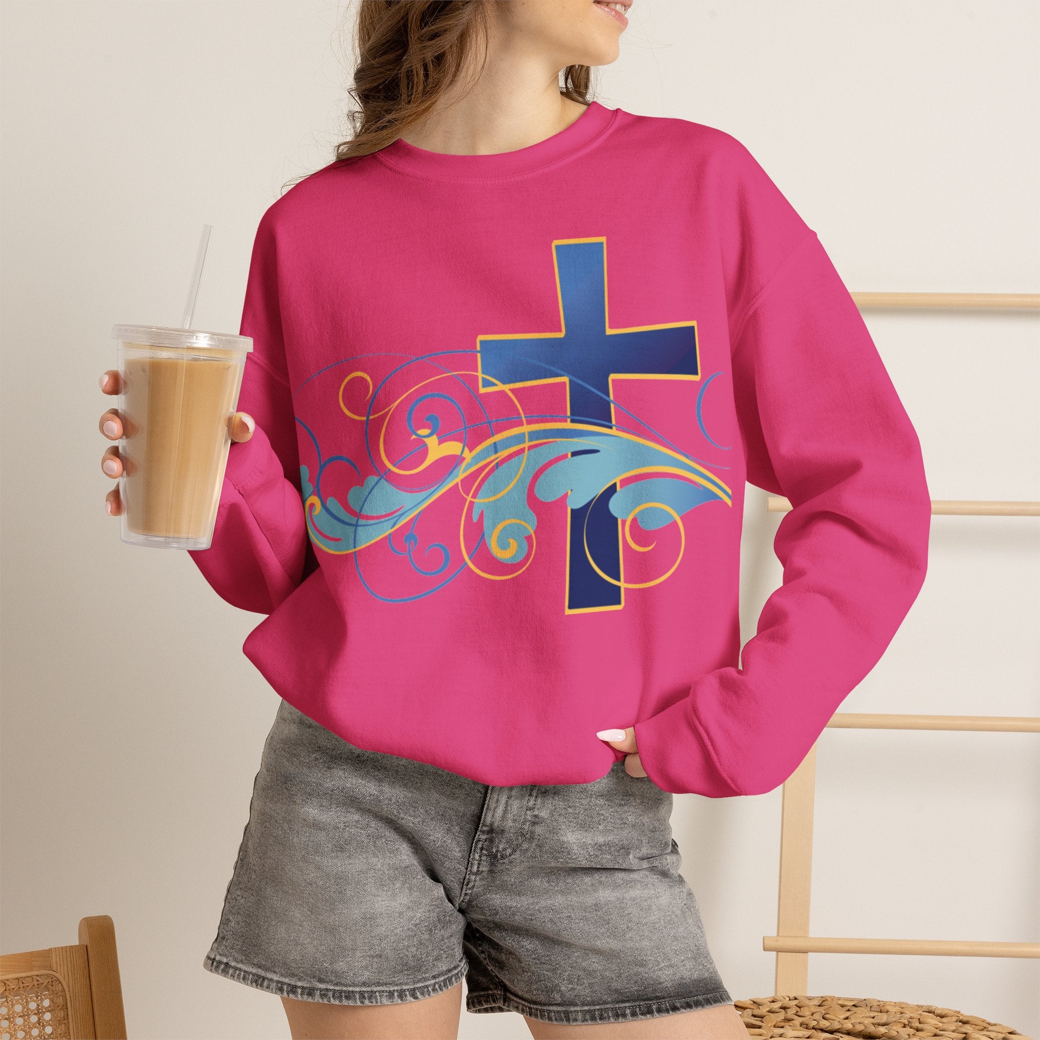 ESTID Unisex Crewneck Pullover | Blaues Kreuz & Wellen-Ornament Ansicht 39 – Sweatshirt – ESTID