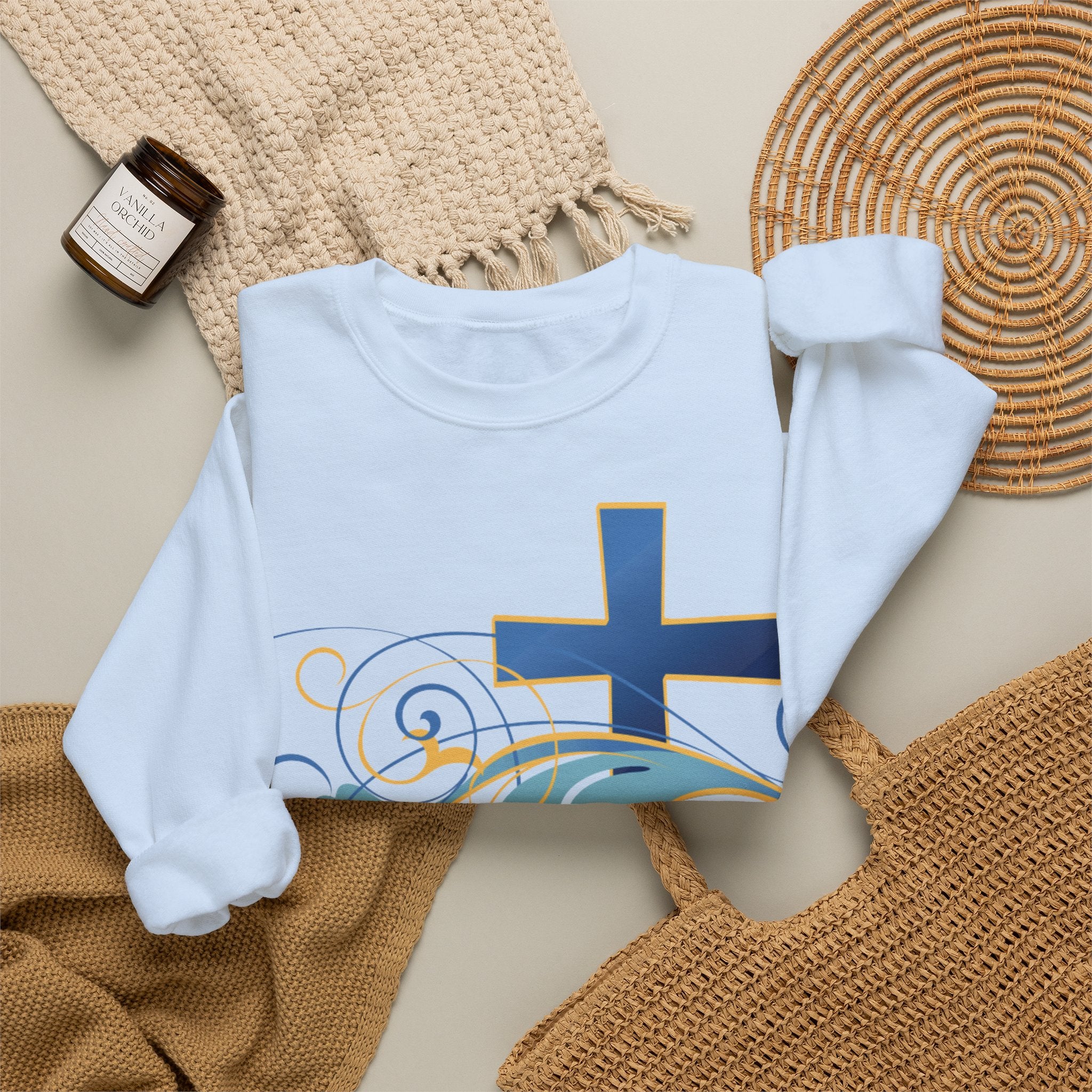 ESTID Unisex Crewneck Pullover | Blaues Kreuz & Wellen-Ornament Ansicht 32 – Sweatshirt – ESTID
