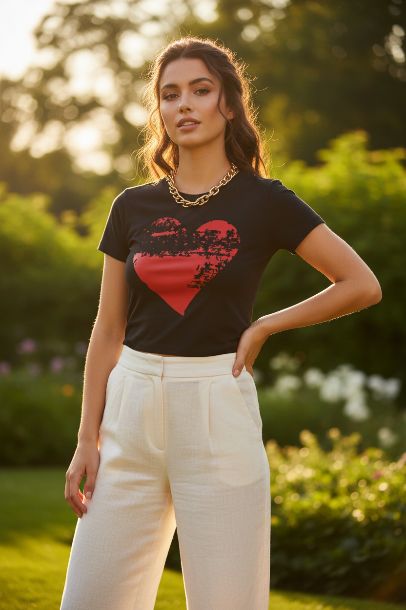 Damen T-Shirt 100% Baumwolle | Rotes Grunge-Herz Detailansicht – T-Shirt – ESTID