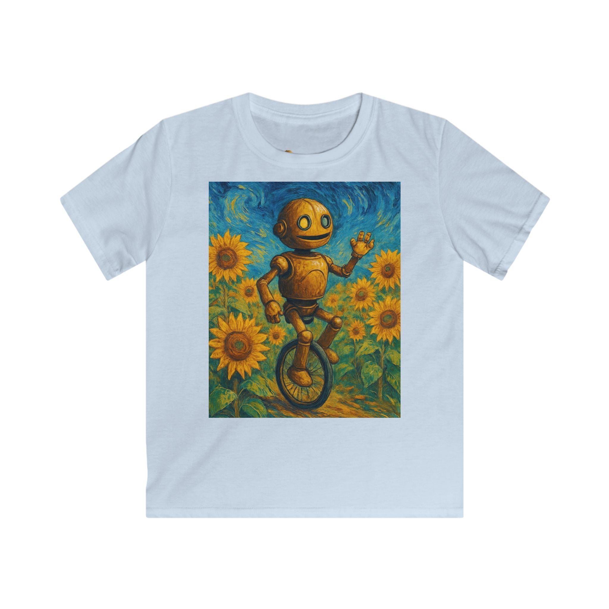 Kinder-T-Shirt – Sonnige Sonnenblumen-Roboter auf Einrad