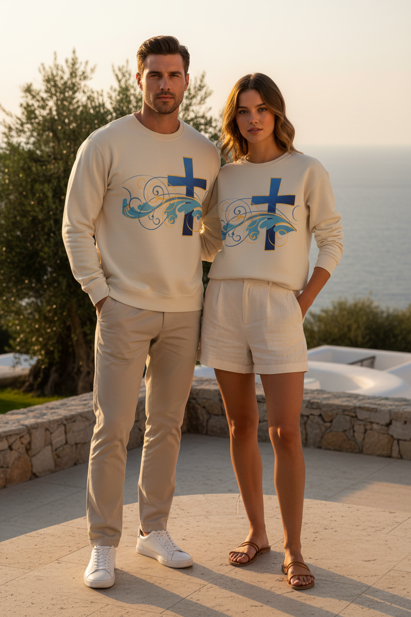 ESTID Unisex Crewneck Pullover | Blaues Kreuz & Wellen-Ornament Ansicht 3 – Sweatshirt – ESTID