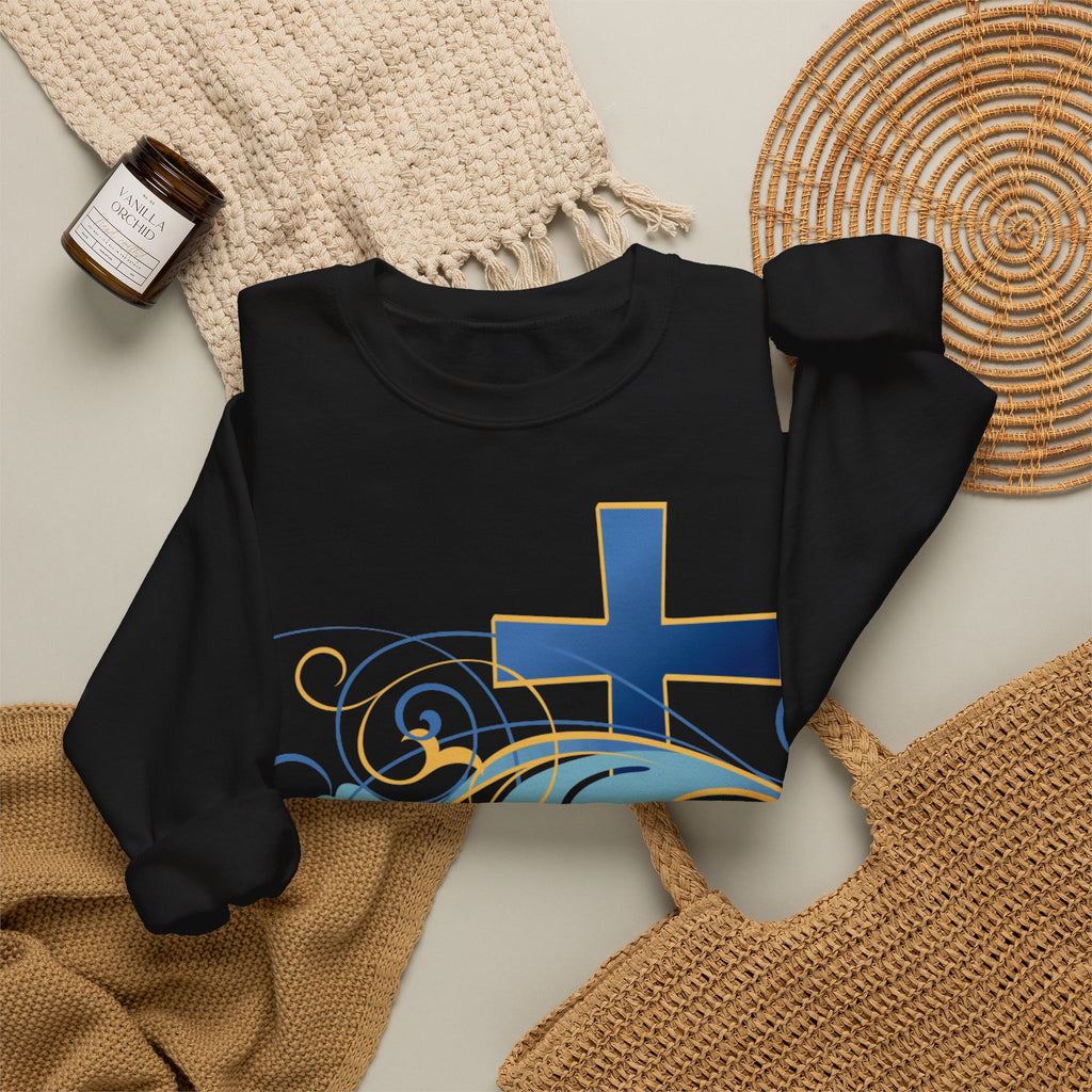 ESTID Unisex Crewneck Pullover | Blaues Kreuz & Wellen-Ornament Ansicht 20 – Sweatshirt – ESTID