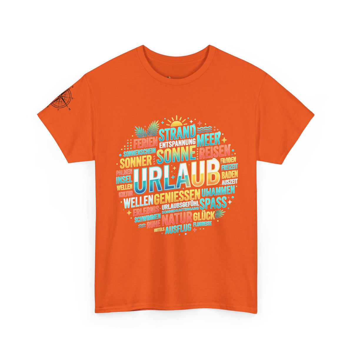Strandurlaub T-Shirt – Retro Sonnenuntergang mit Palmen & ‚Urlaub‘ Wortwolke Ansicht 6 – T-Shirt – ESTID