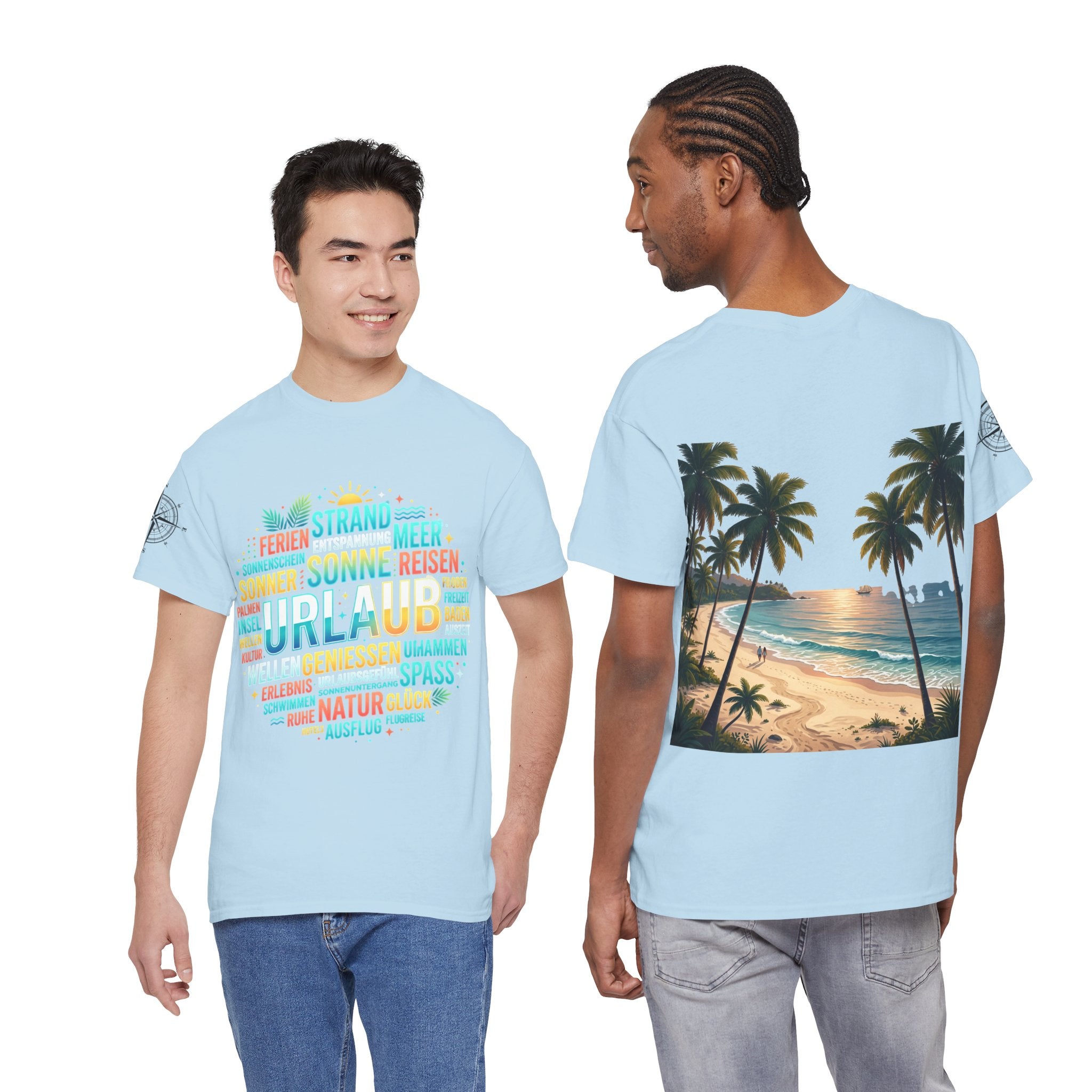 Strandurlaub T-Shirt – Retro Sonnenuntergang mit Palmen & ‚Urlaub‘ Wortwolke