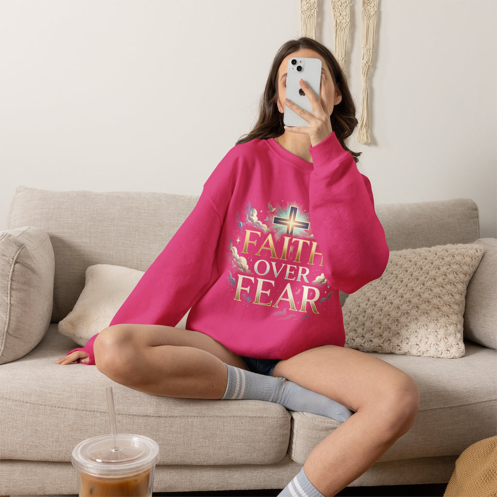 Faith Over Fear Crewneck Sweatshirt – Christliches Kreuz & Jesus Pullover