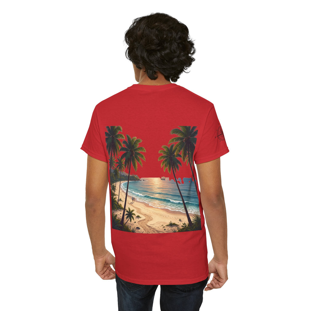 Strandurlaub T-Shirt – Retro Sonnenuntergang mit Palmen & ‚Urlaub‘ Wortwolke