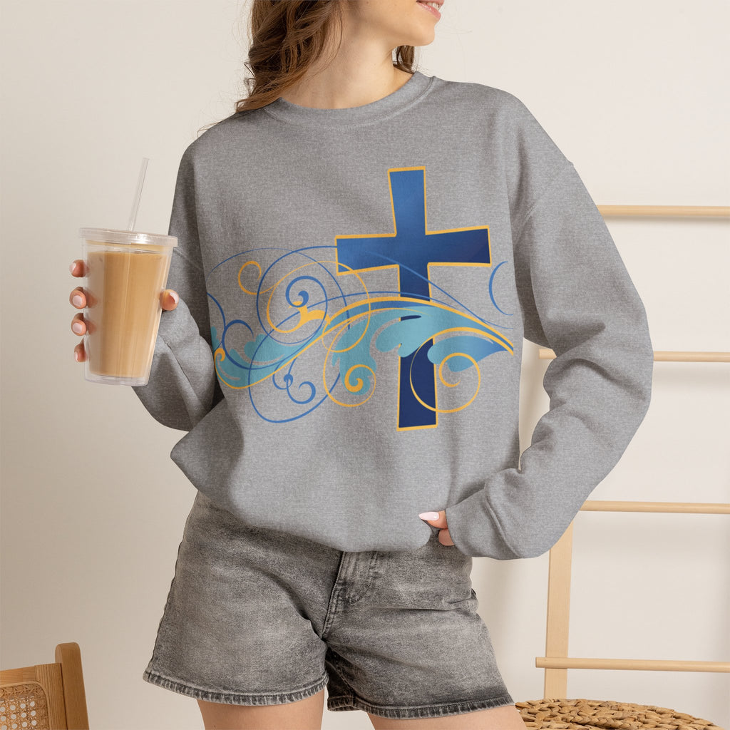 ESTID Unisex Crewneck Pullover | Blaues Kreuz & Wellen-Ornament Ansicht 27 – Sweatshirt – ESTID