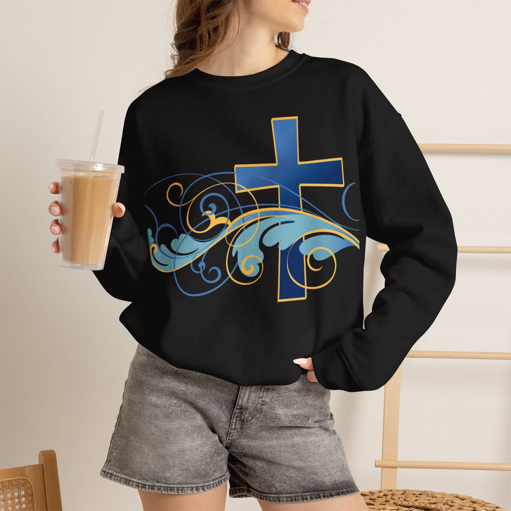 ESTID Unisex Crewneck Pullover | Blaues Kreuz & Wellen-Ornament Ansicht 21 – Sweatshirt – ESTID