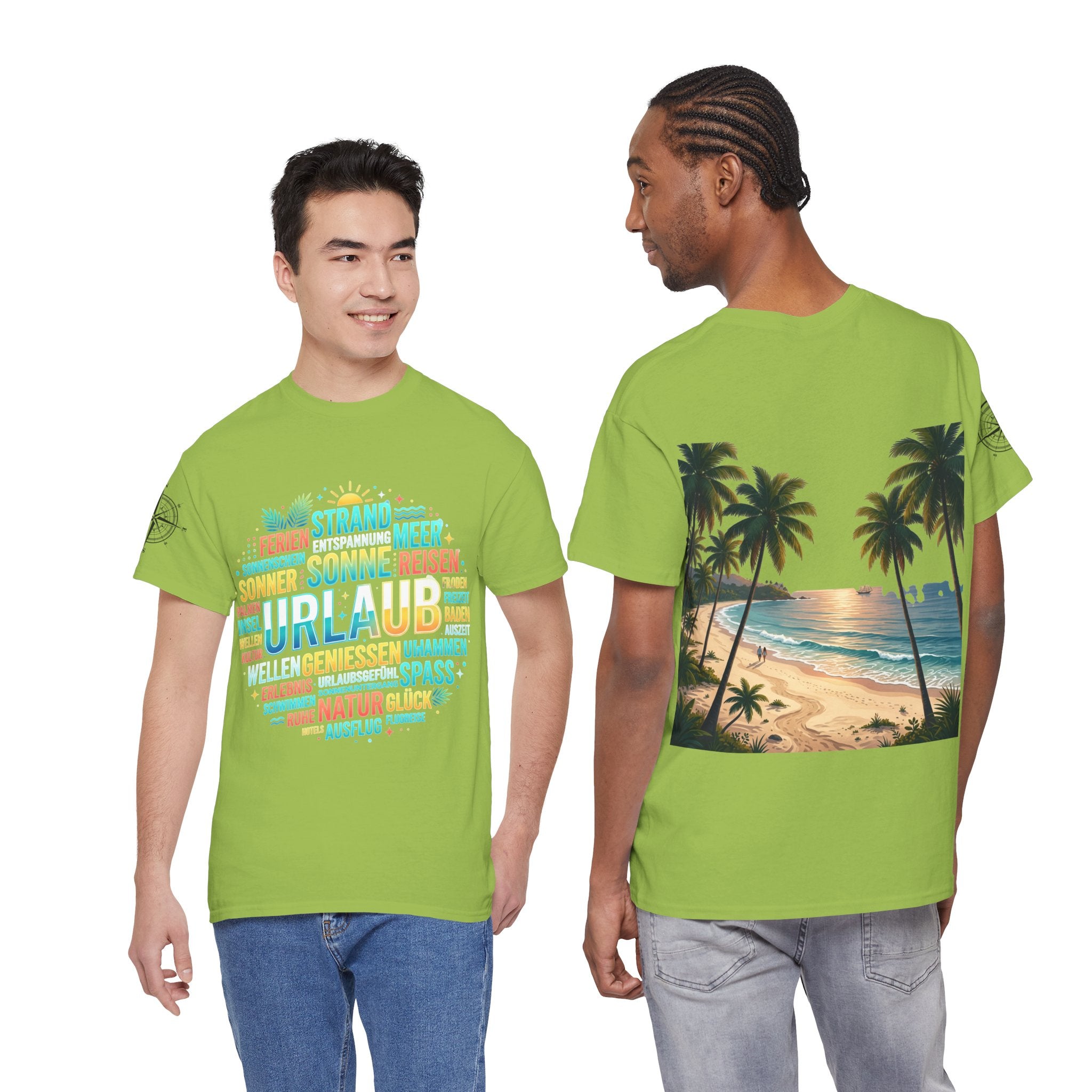 Strandurlaub T-Shirt – Retro Sonnenuntergang mit Palmen & ‚Urlaub‘ Wortwolke
