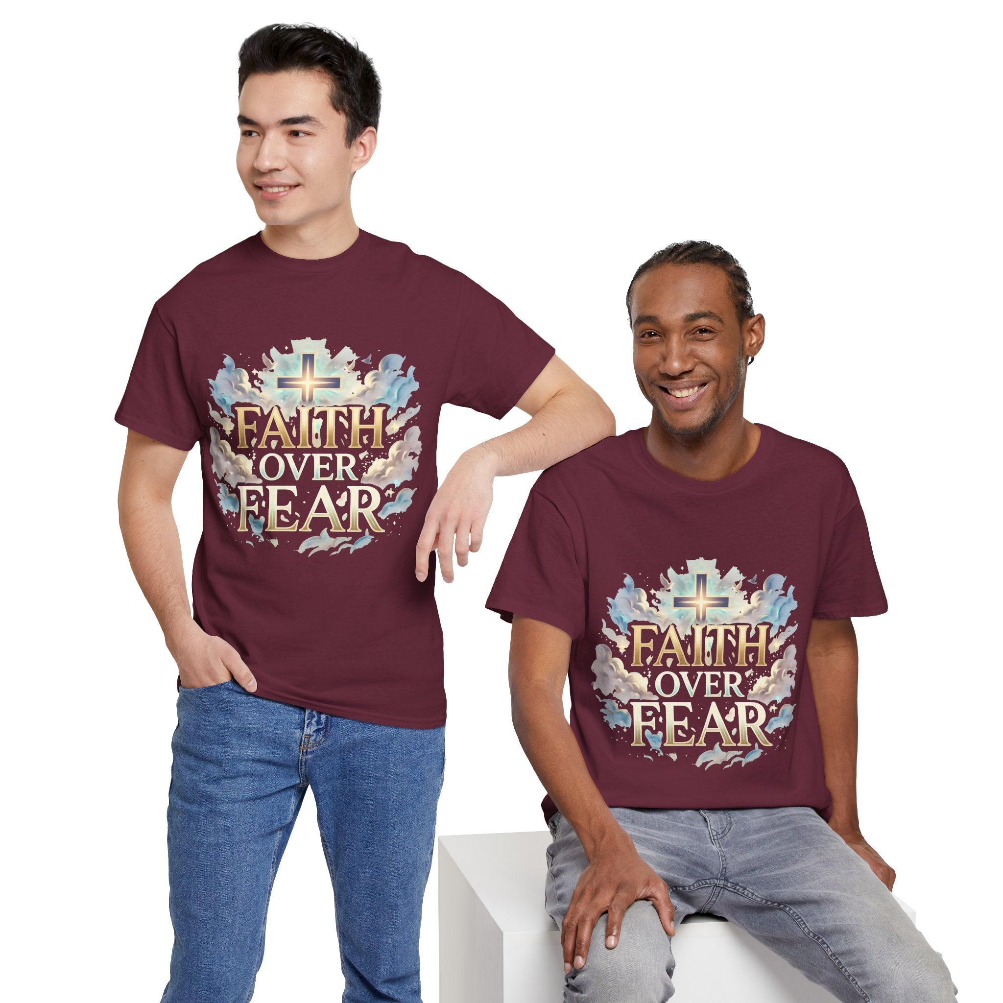 Faith Over Fear T-Shirt – Inspirierendes christliches Shirt mit Kreuz & Wolken