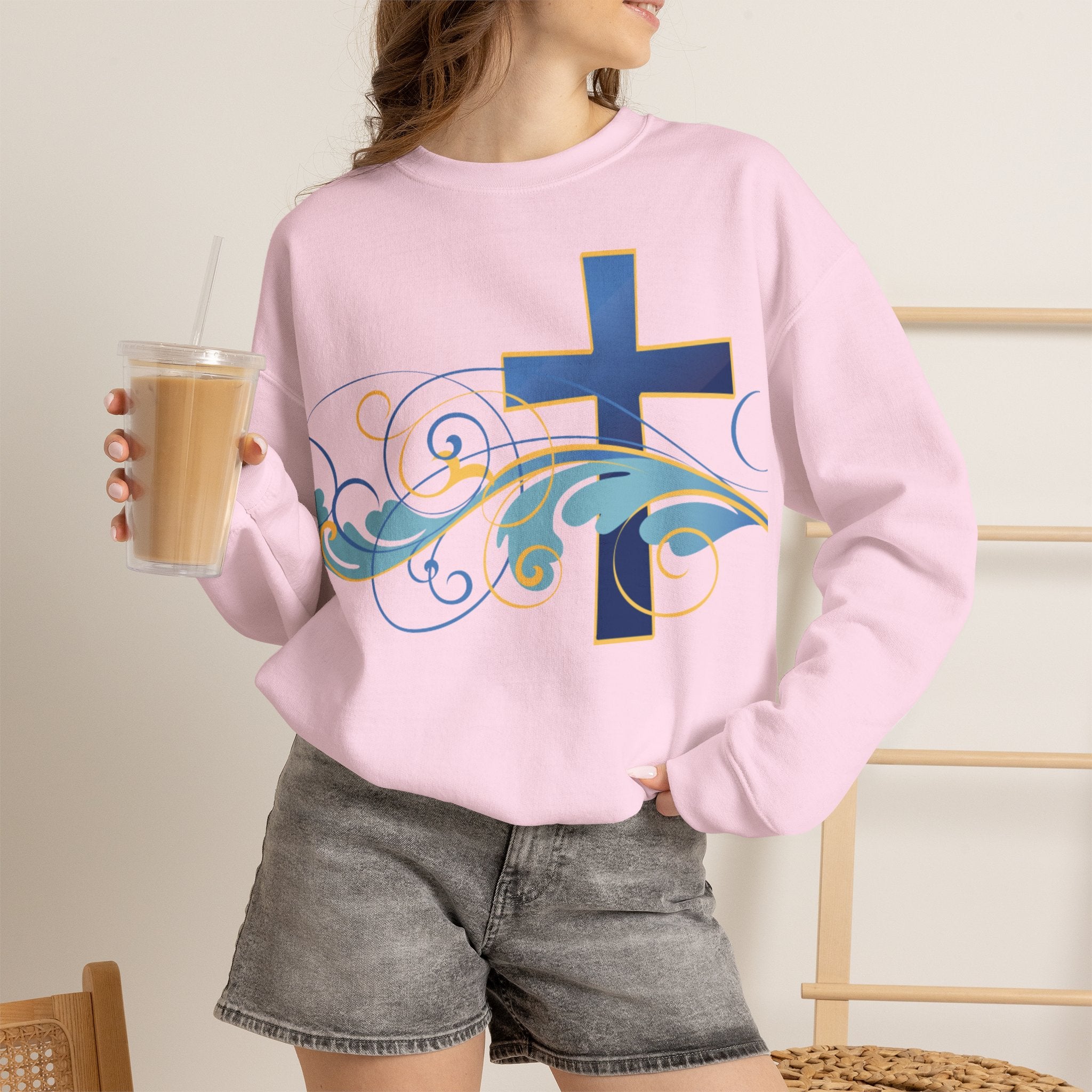 ESTID Unisex Crewneck Pullover | Blaues Kreuz & Wellen-Ornament Ansicht 36 – Sweatshirt – ESTID