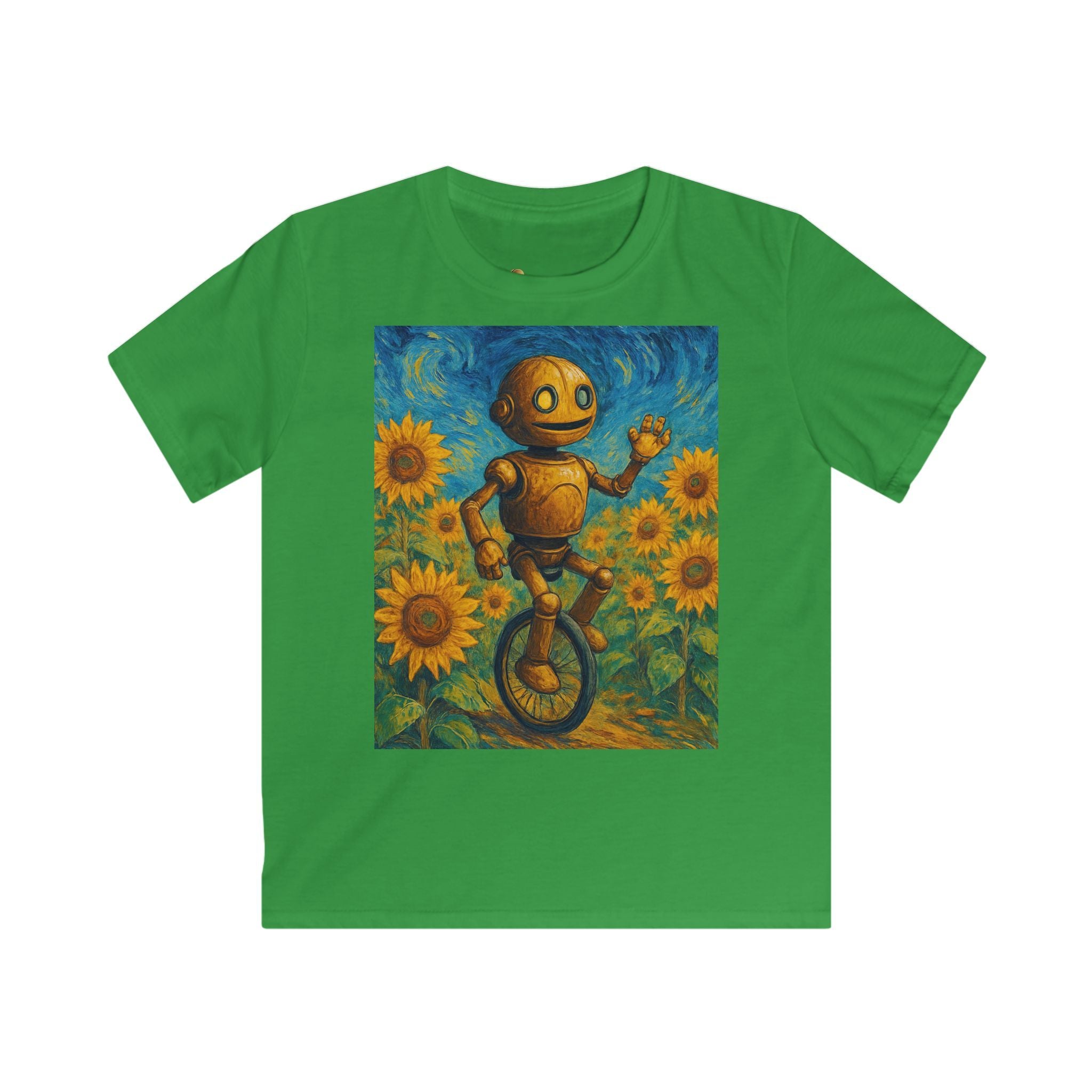 Kinder-T-Shirt – Sonnige Sonnenblumen-Roboter auf Einrad