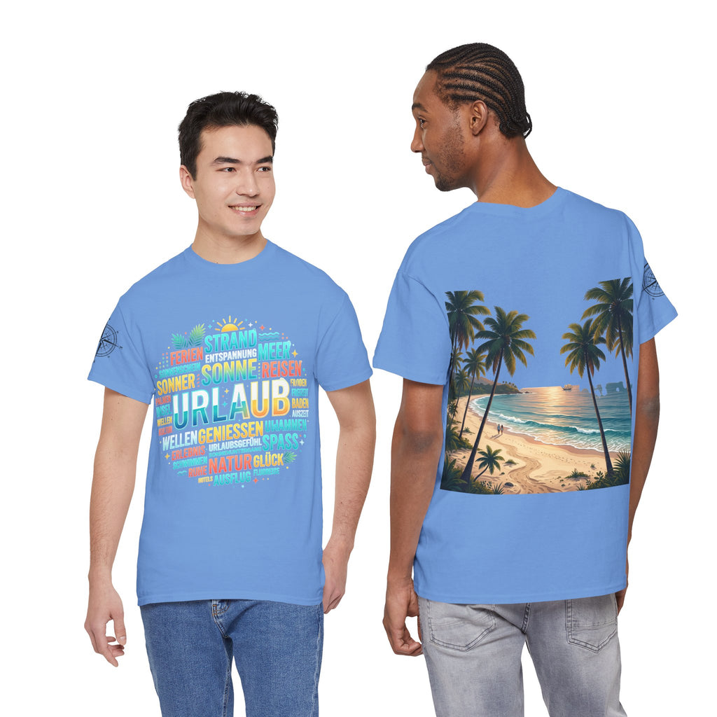 Strandurlaub T-Shirt – Retro Sonnenuntergang mit Palmen & ‚Urlaub‘ Wortwolke