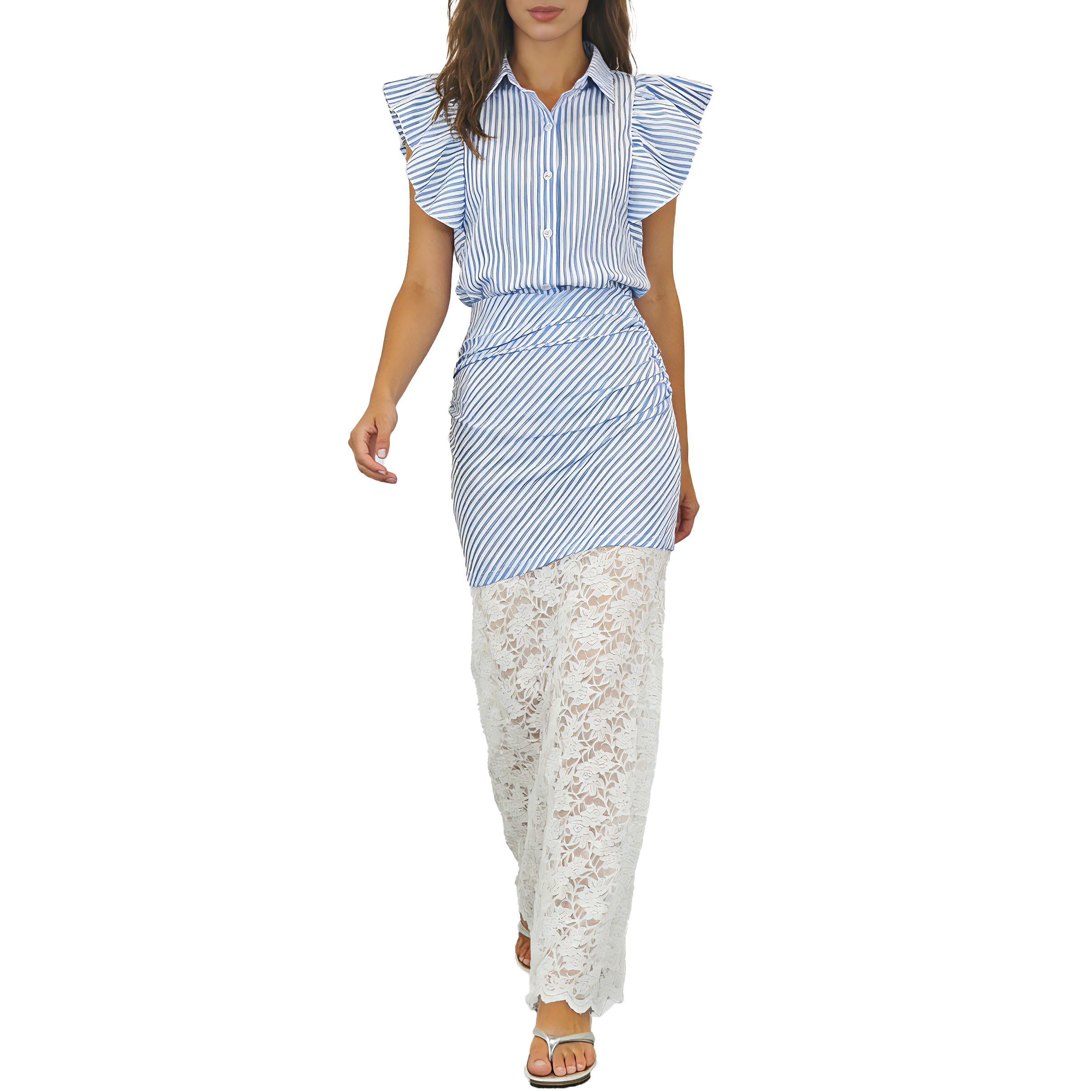 Gestreiftes Sommer-Set Damen | Blusenoberteil & Spitzen-Rock Ansicht 8 – Set – ESTID