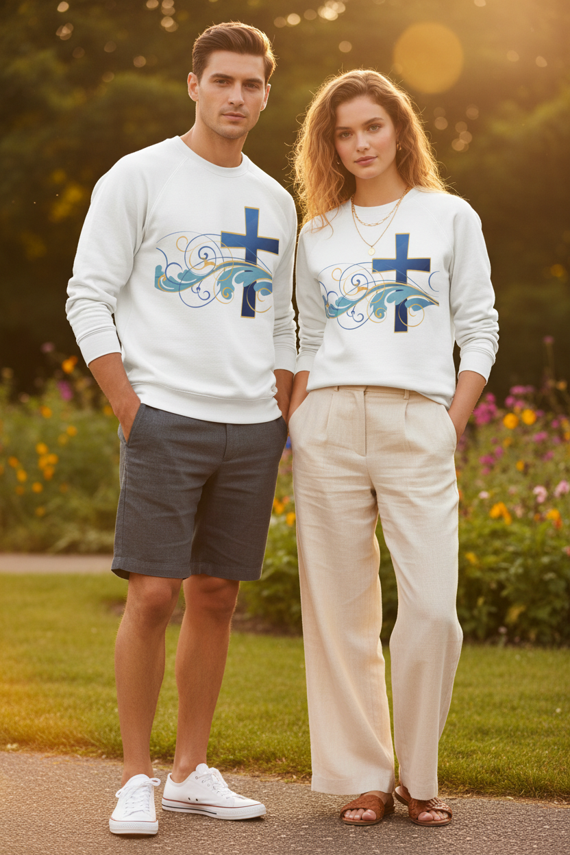 ESTID Unisex Crewneck Pullover | Blaues Kreuz & Wellen-Ornament – Sweatshirt – ESTID