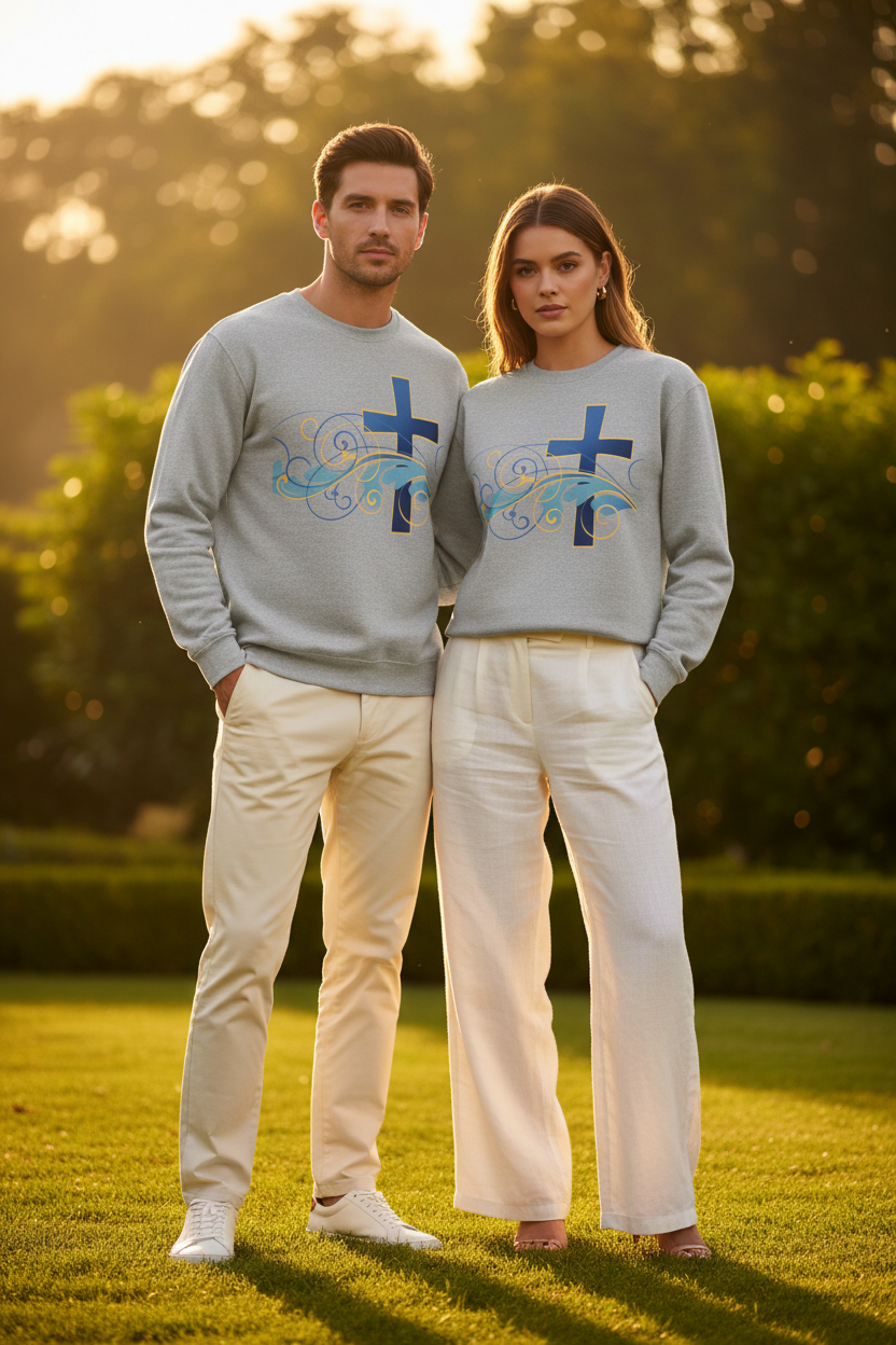ESTID Unisex Crewneck Pullover | Blaues Kreuz & Wellen-Ornament Ansicht 4 – Sweatshirt – ESTID
